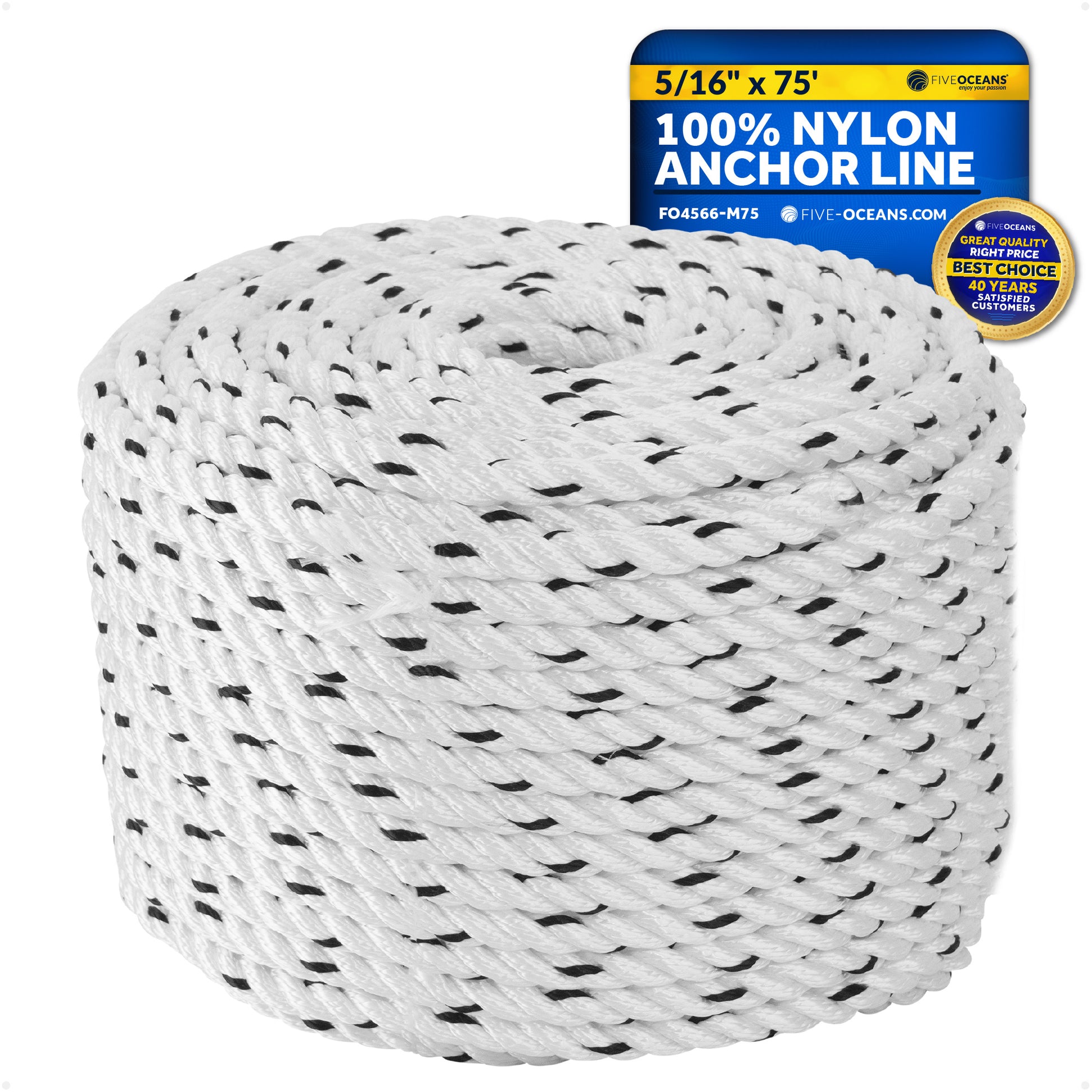 Boat Anchor Rope 5/16" x 75', 3-Strand Nylon - FO4566-M75 - Five Oceans