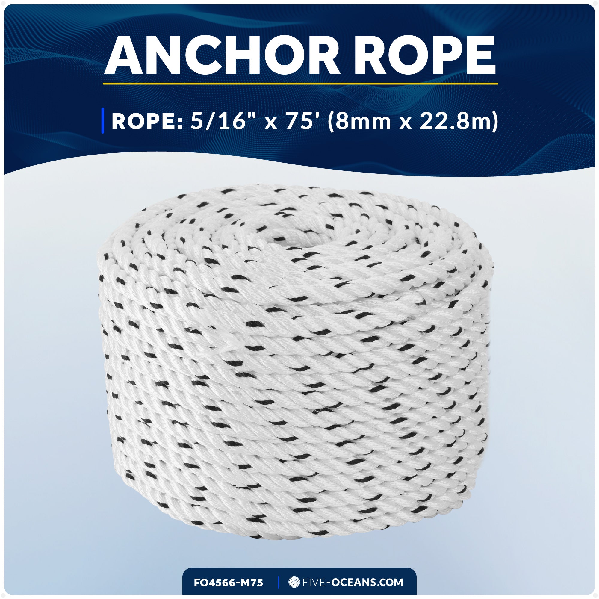 Boat Anchor Rope 5/16" x 75', 3-Strand Nylon - FO4566-M75 - Five Oceans