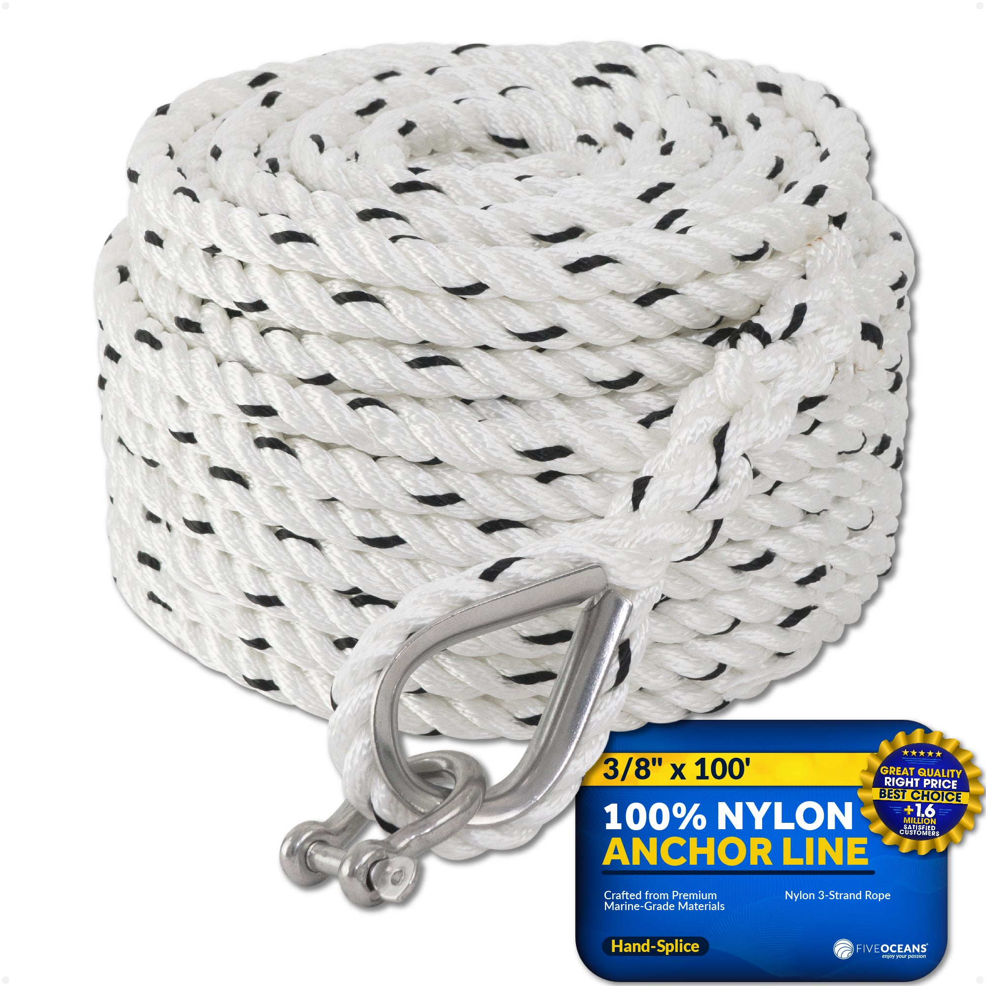 Anchor Line 3/8" x 100', 3-Strand Nylon, Spliced - FO4567-C100 - Five Oceans