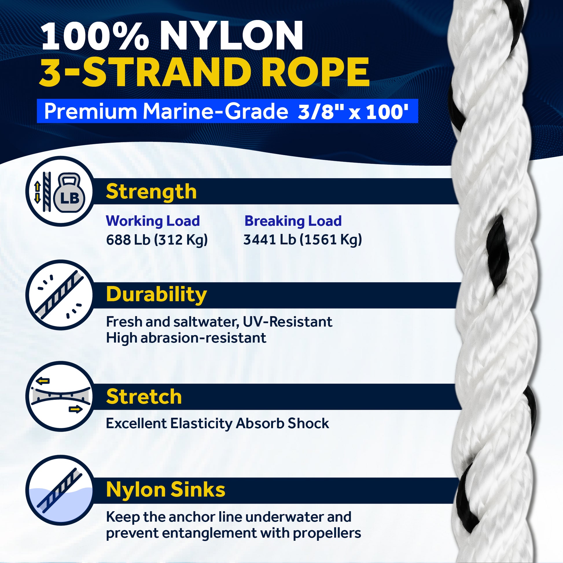 Anchor Line 3/8" x 100', 3-Strand Nylon, Spliced - FO4567-C100 - Five Oceans