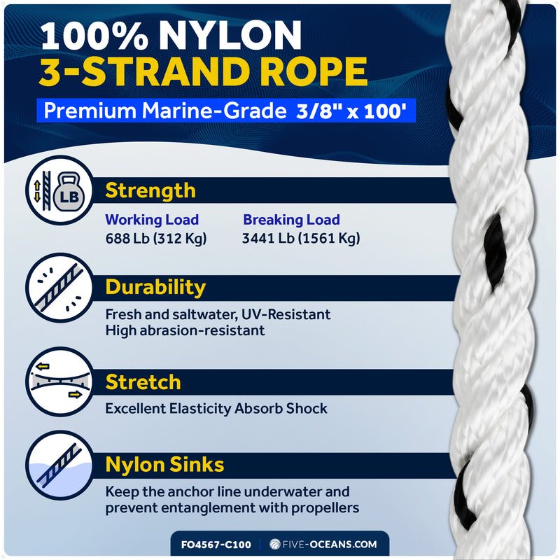 3/8" x 100' Premium 3-Strand Nylon Anchor Line - FO4567-C100 - Five Oceans