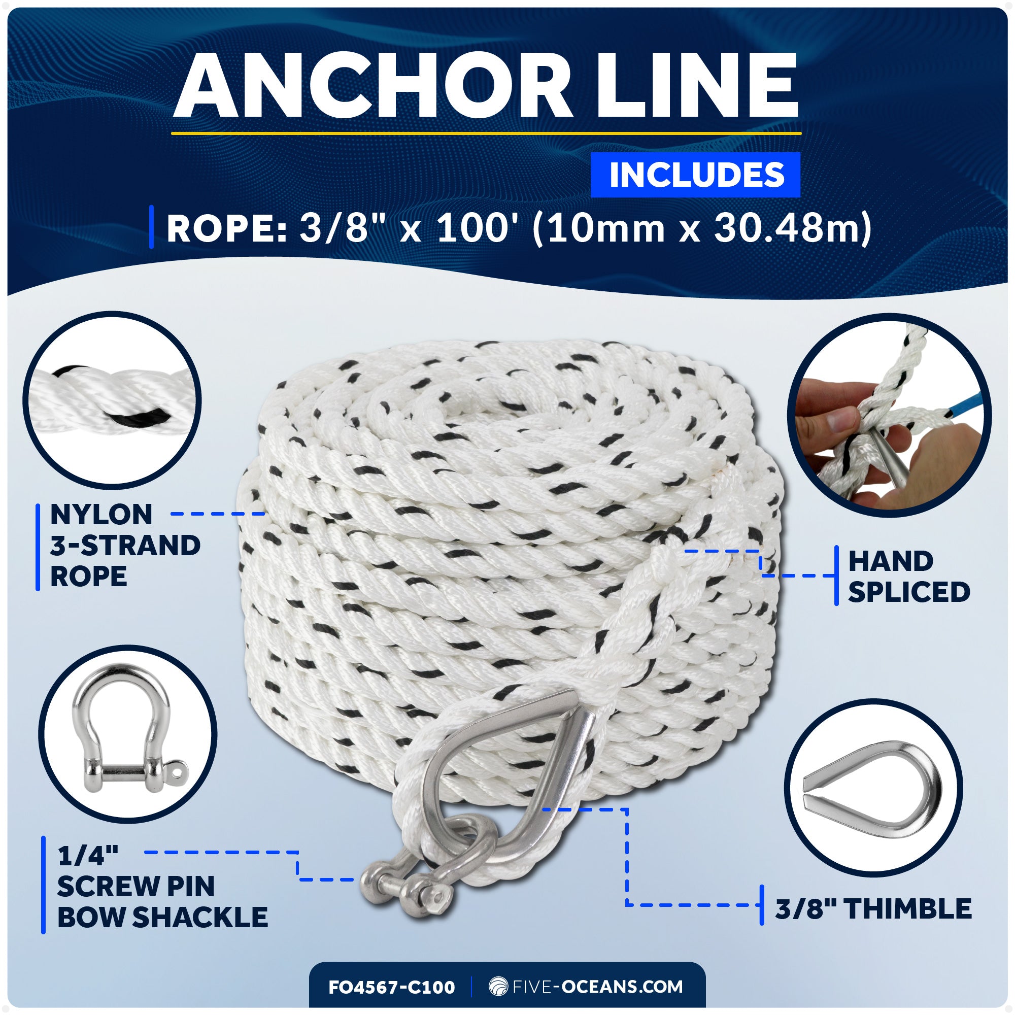 Anchor Line 3/8" x 100', 3-Strand Nylon, Spliced - FO4567-C100 - Five Oceans