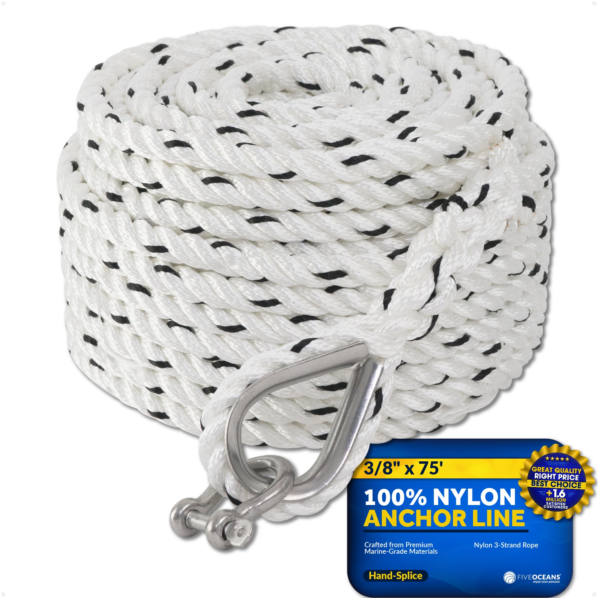 Anchor Line 3/8" x 75', 3-Strand Nylon, Spliced - FO4567-C75 - Five Oceans