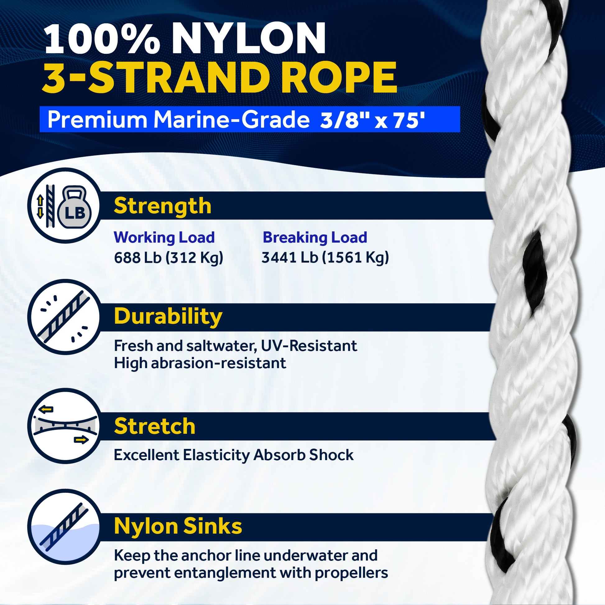 Anchor Line 3/8" x 75', 3-Strand Nylon, Spliced - FO4567-C75 - Five Oceans