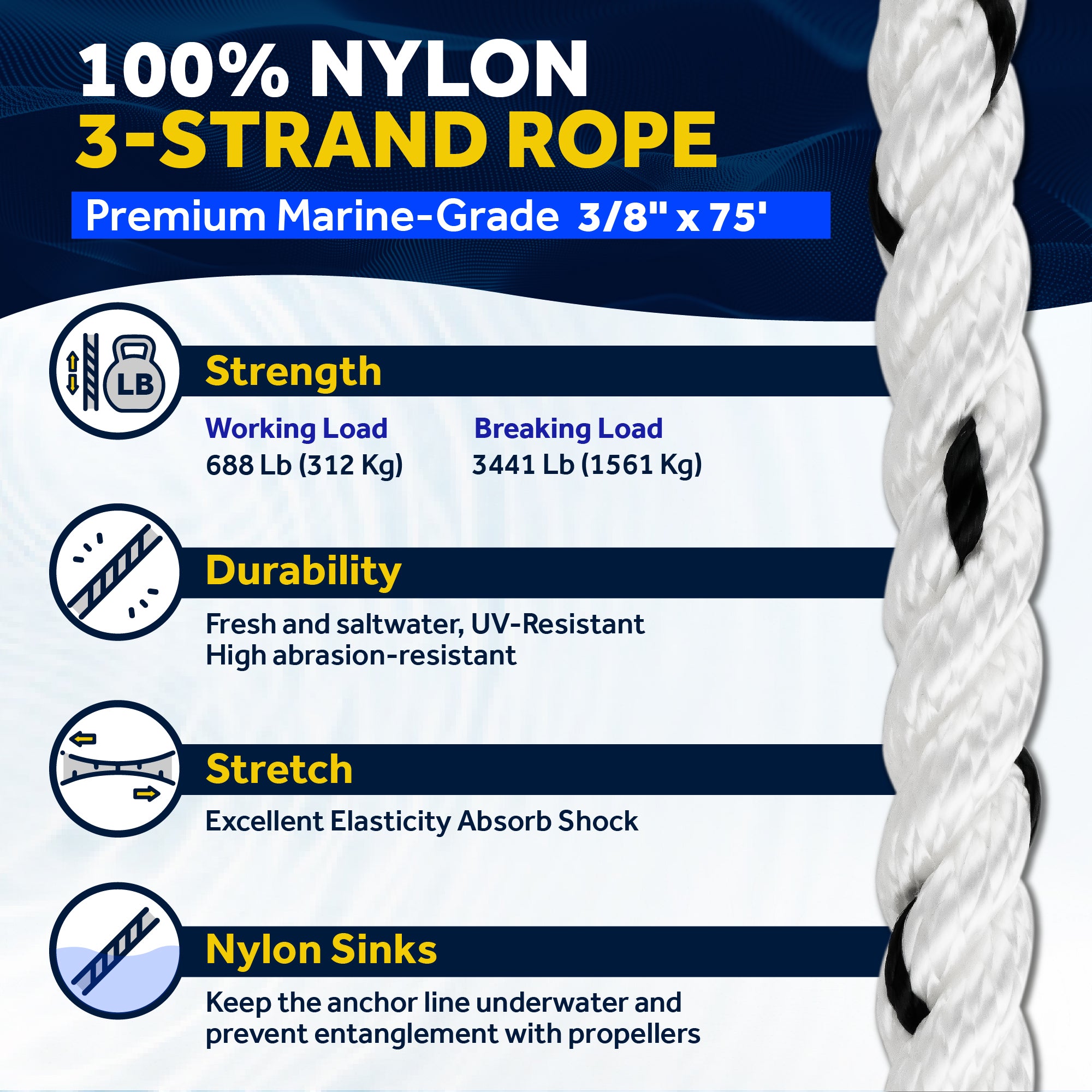 Anchor Line 3/8" x 75', 3-Strand Nylon, Spliced - FO4567-C75 - Five Oceans