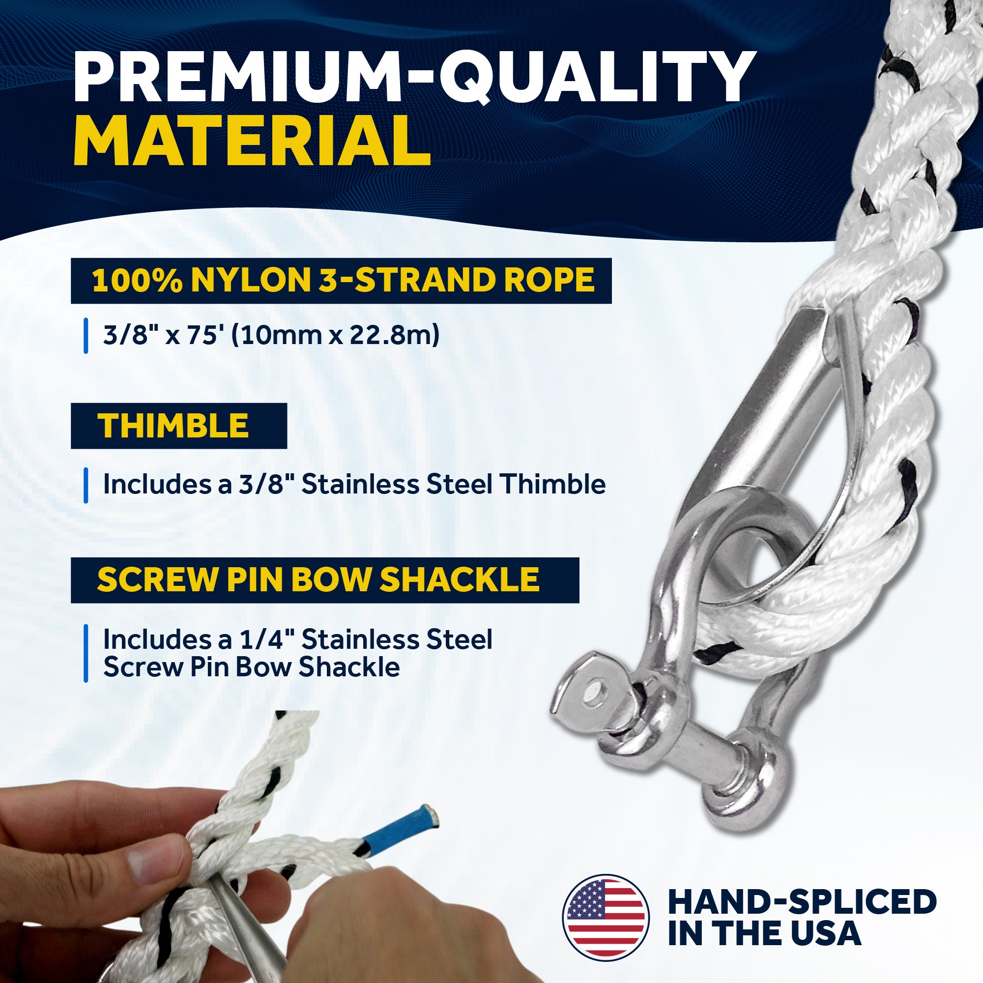 Anchor Line 3/8" x 75', 3-Strand Nylon, Spliced - FO4567-C75 - Five Oceans