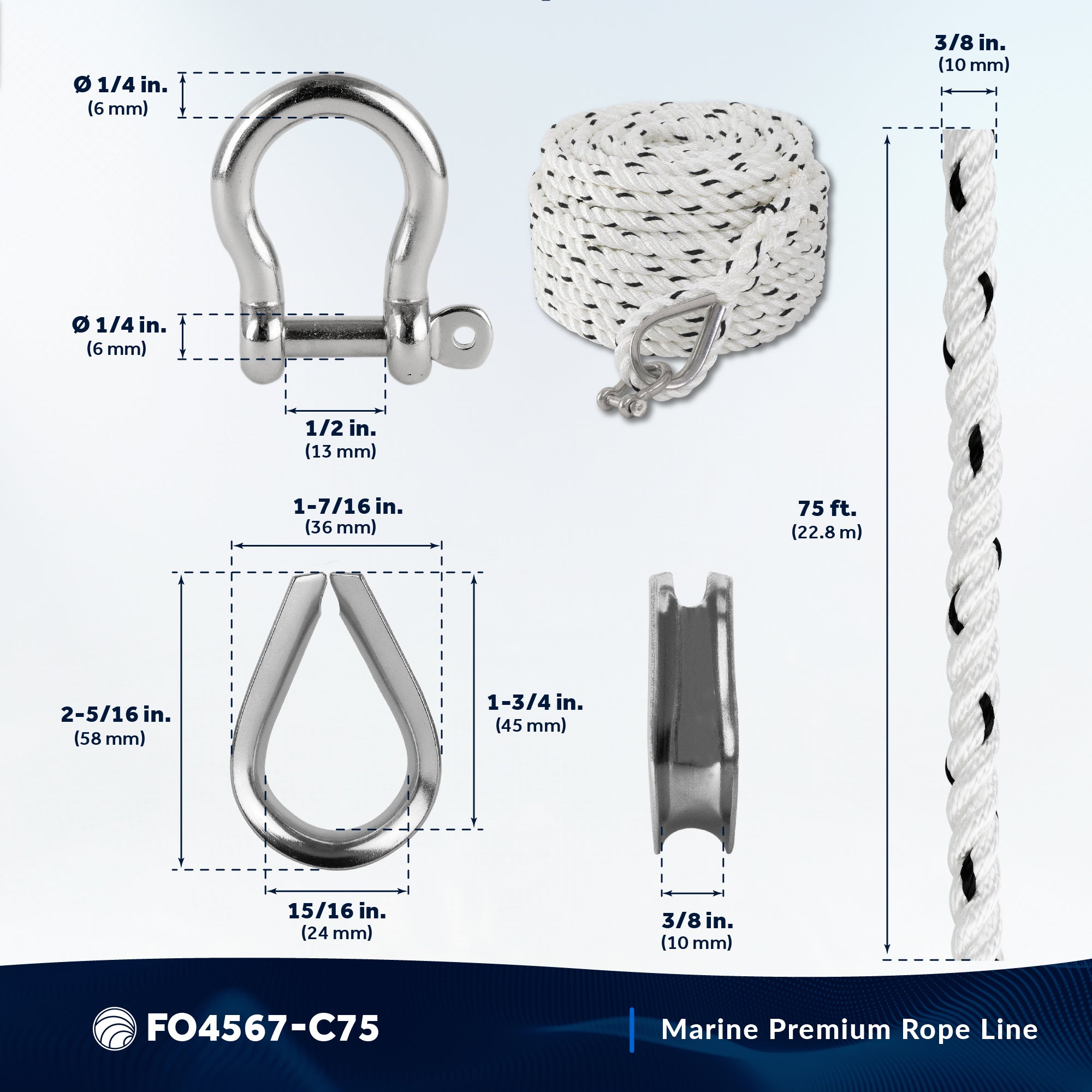 Anchor Line 3/8" x 75', 3-Strand Nylon, Spliced - FO4567-C75 - Five Oceans