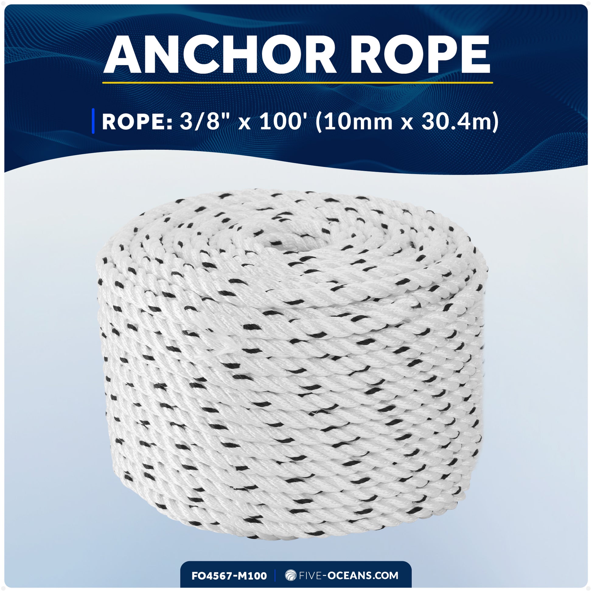 3/8" x 100' Premium 3-Strand Nylon Line, White with Black Tracer - FO4567-M100 - Five Oceans