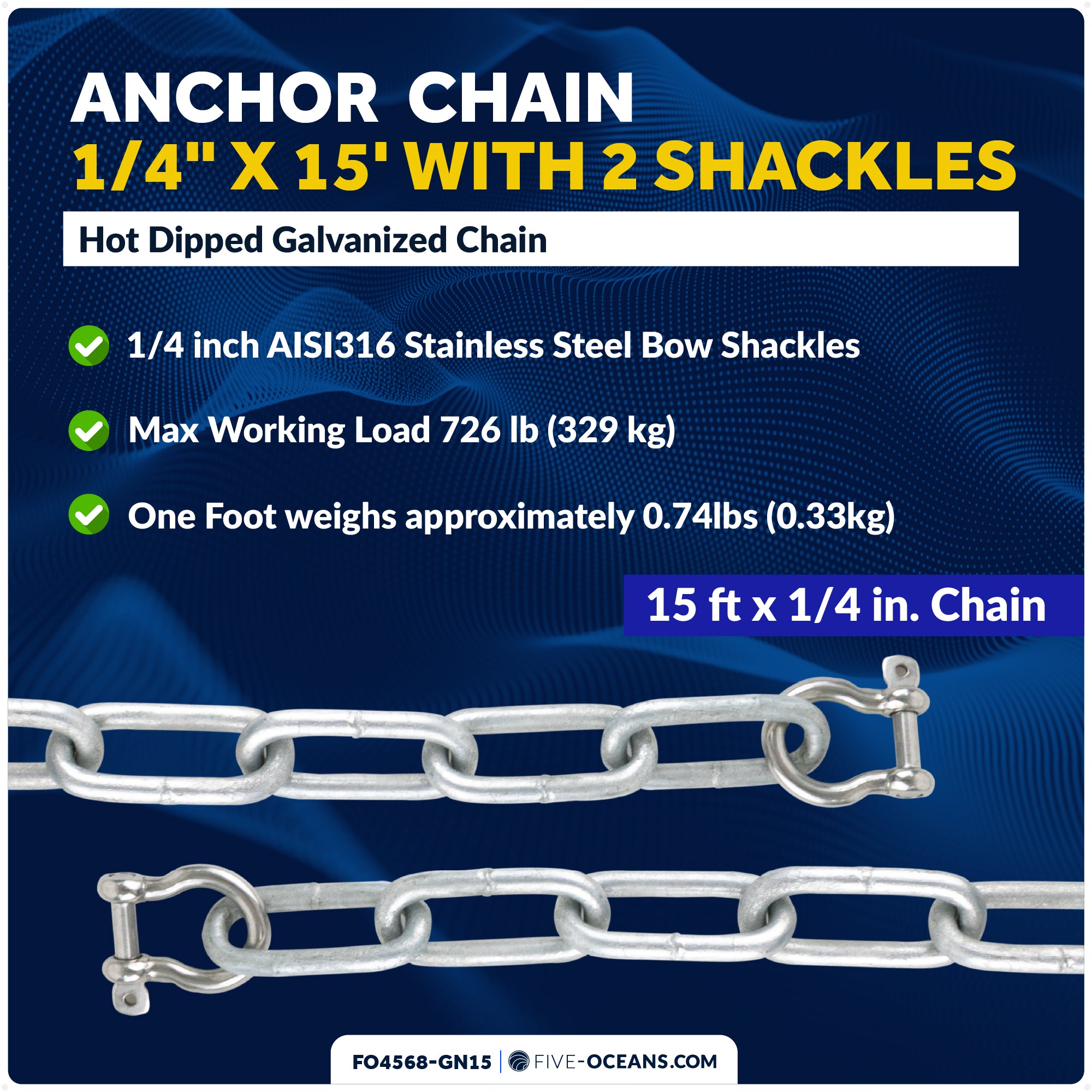Anchor Chain 1/4" x 15' with Shackles - Galvanized Steel - FO4568-GN15 - Five Oceans
