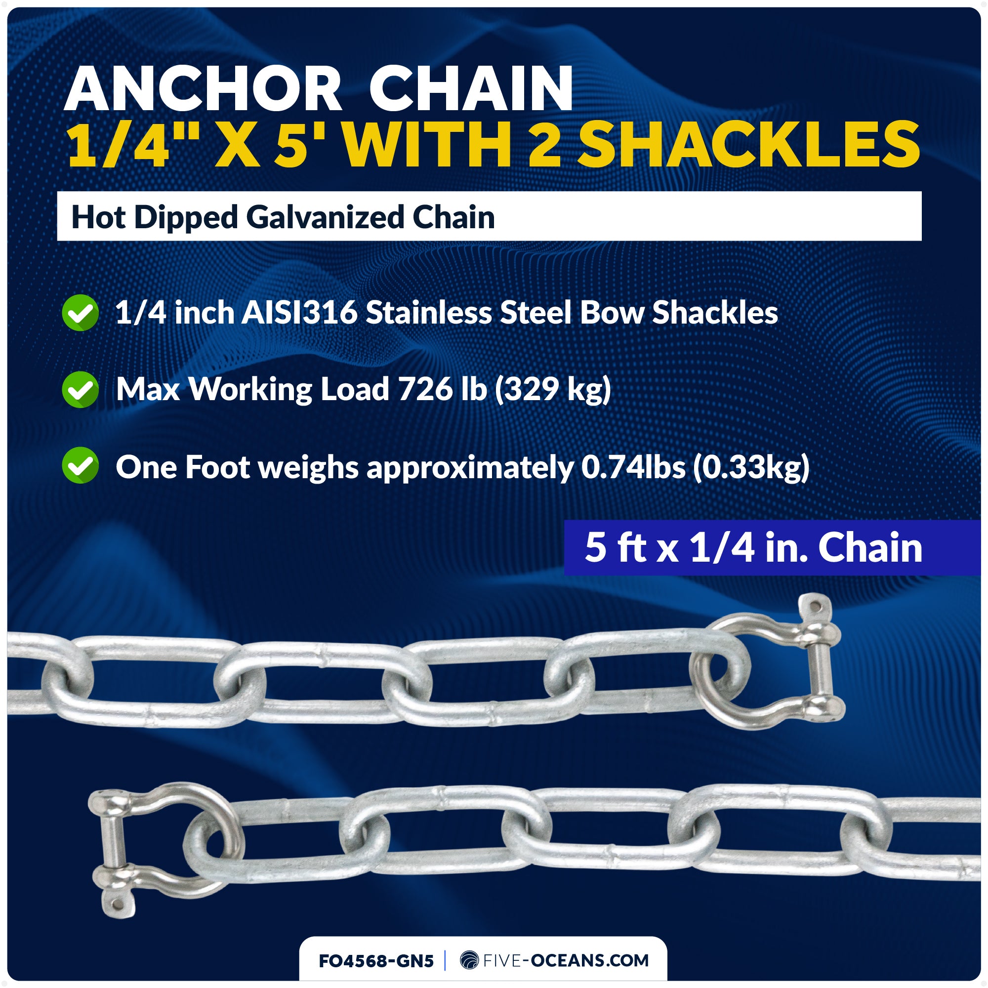 Anchor Chain 1/4" x 5' with Shackles - Galvanized Steel - FO4568-GN5