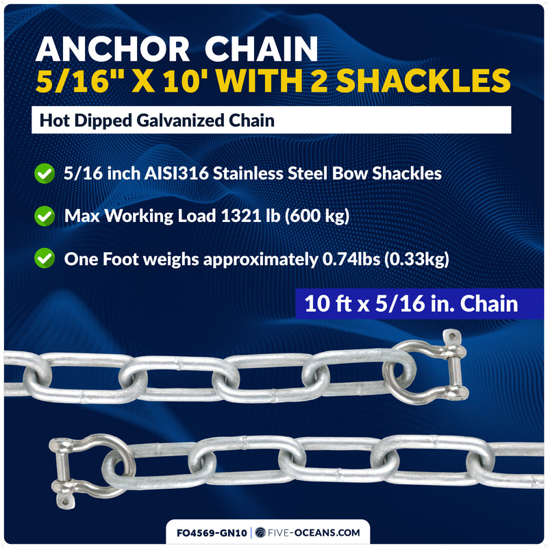Anchor Chain 5/16" x 10' with Shackles - Galvanized Steel - FO4569-GN10 - Five Oceans