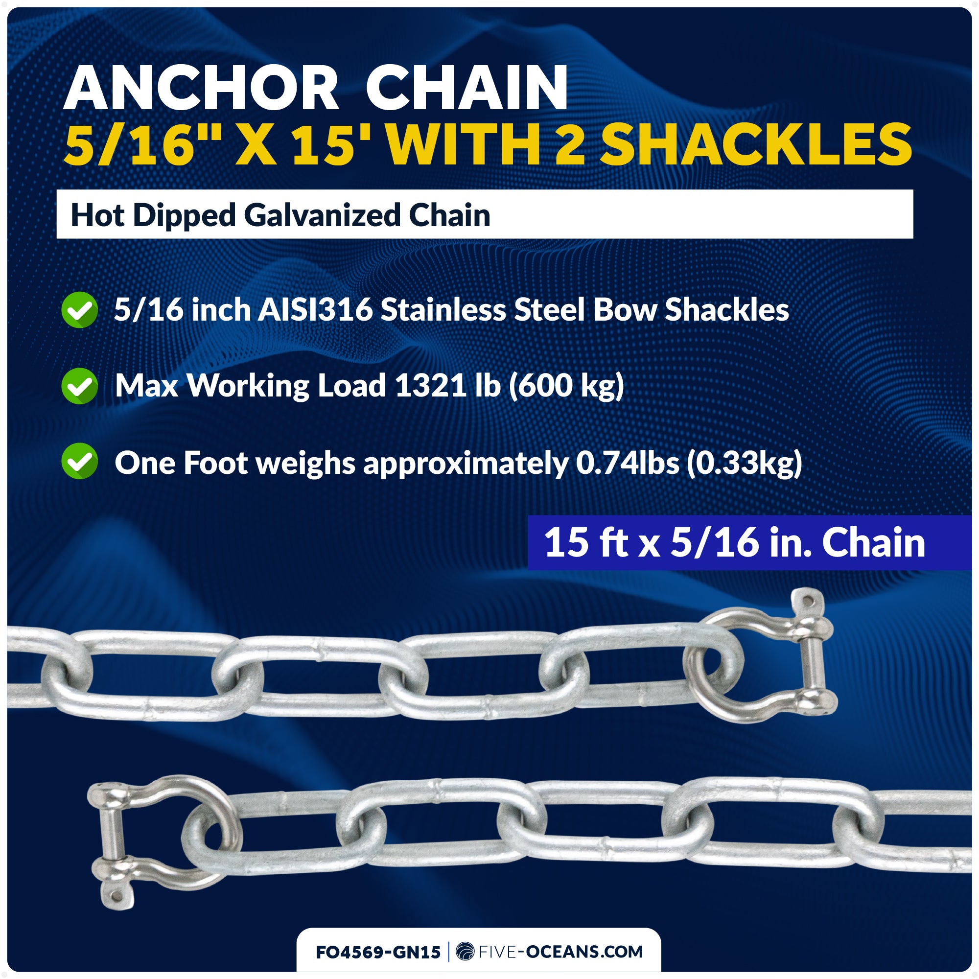 Anchor Chain 5/16" x 15' with Shackles - Galvanized Steel - FO4569-GN15