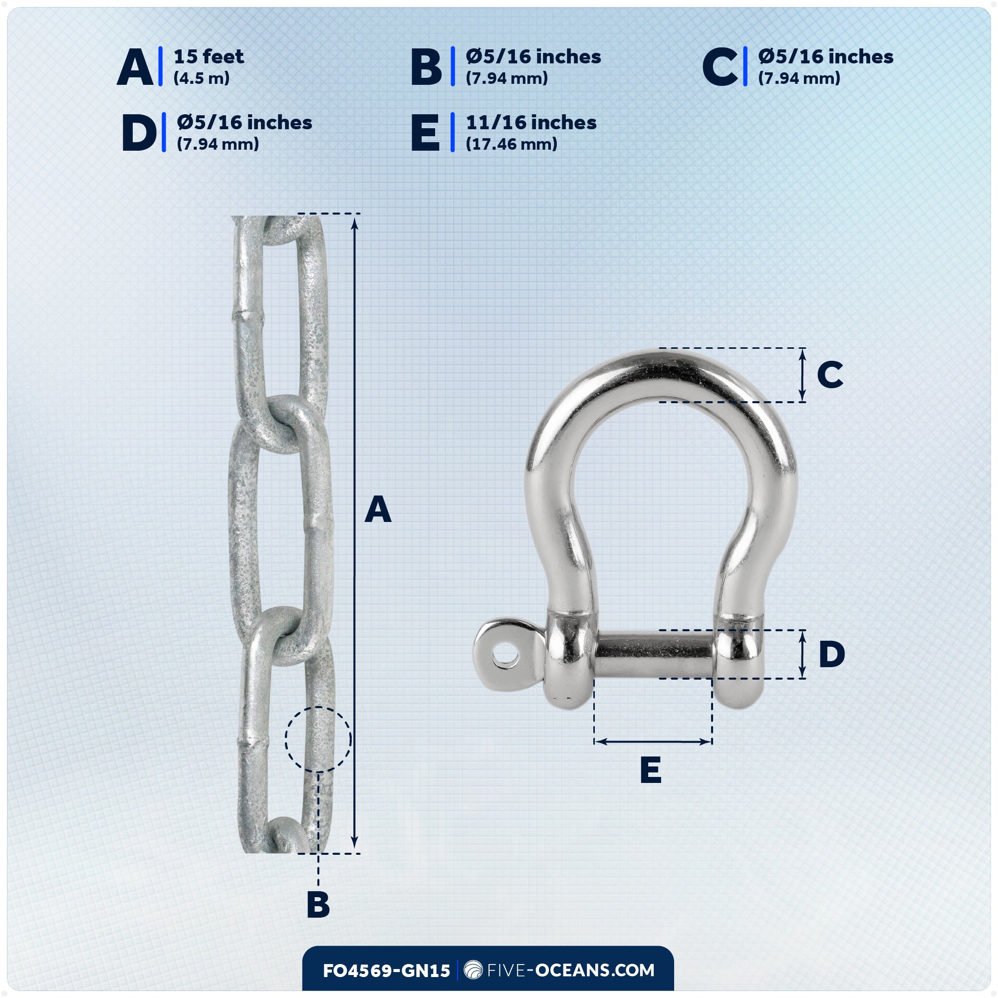Anchor Chain 5/16" x 15' with Shackles - Galvanized Steel - FO4569-GN15