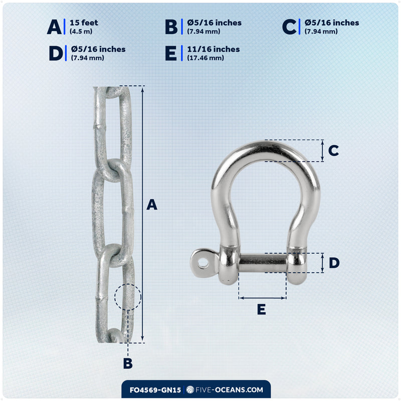 Anchor Chain 5/16" x 15' with Shackles - Galvanized Steel - FO4569-GN15 - Five Oceans