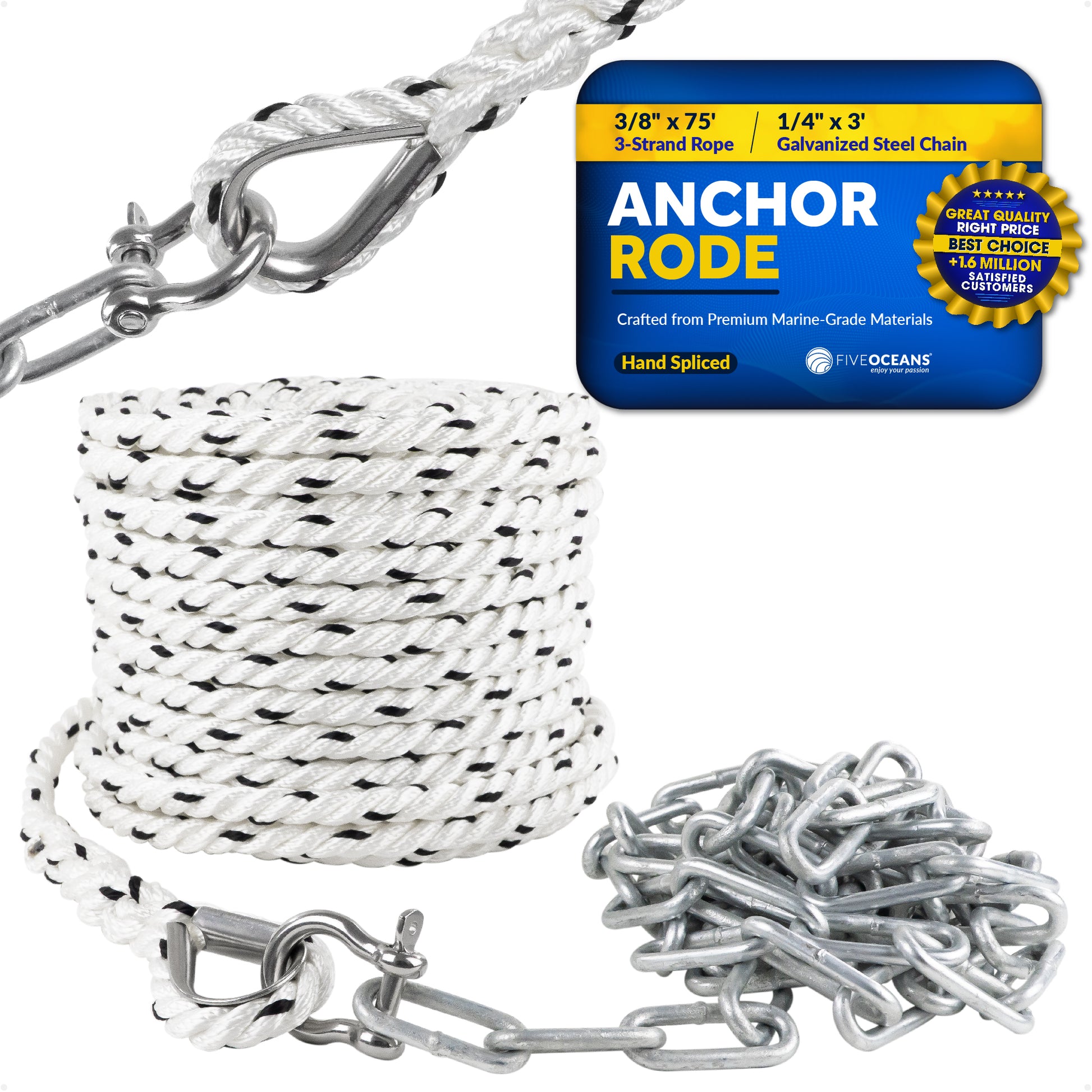 Anchor Rode, 3/8" x 75' Nylon 3-Strand Rope, 1/4" x 3' Hot Dipped Galvanized Steel Chain - FO4571 - Five Oceans