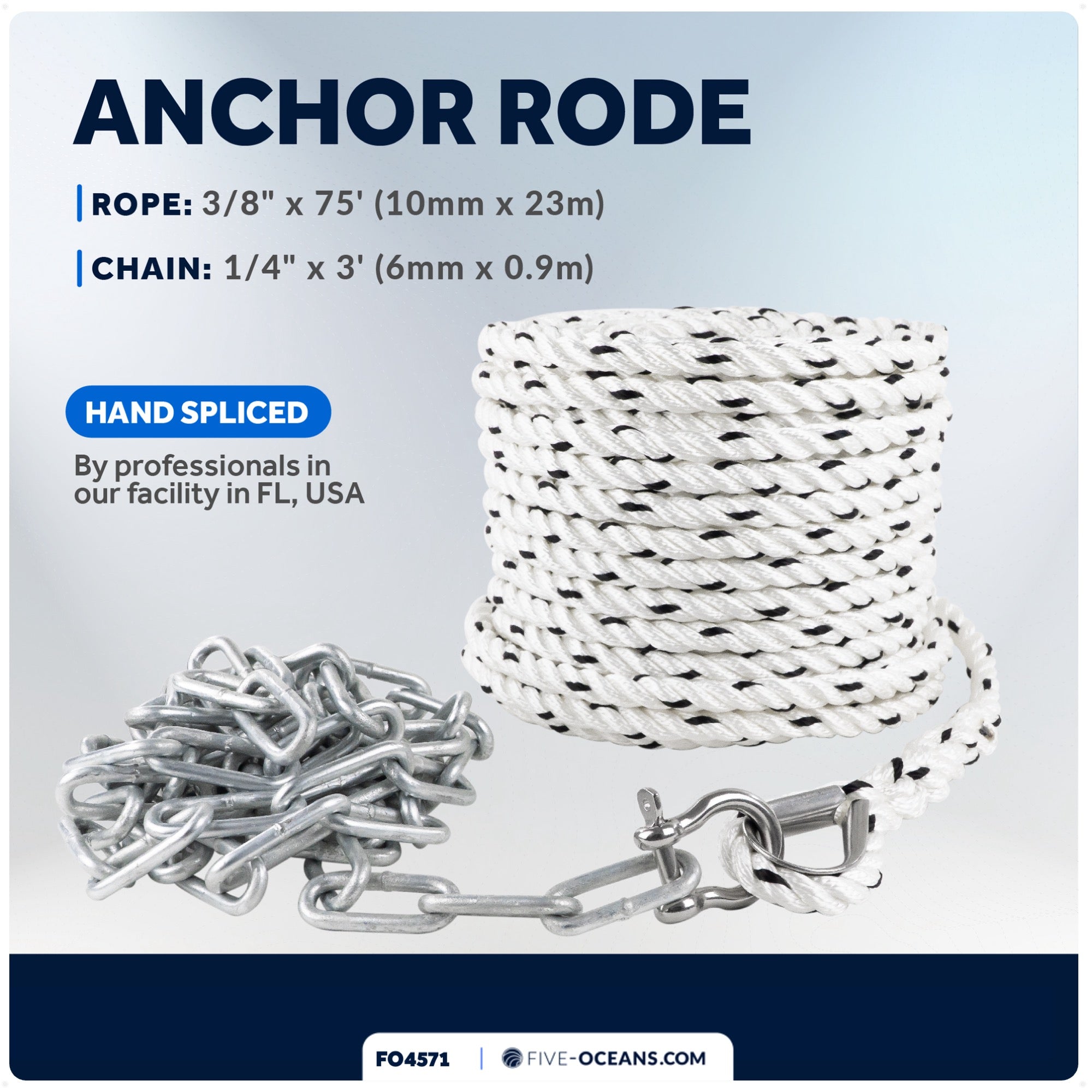 Anchor Rode, 3/8" x 75' Nylon 3-Strand Rope, 1/4" x 3' Hot Dipped Galvanized Steel Chain - FO4571 - Five Oceans