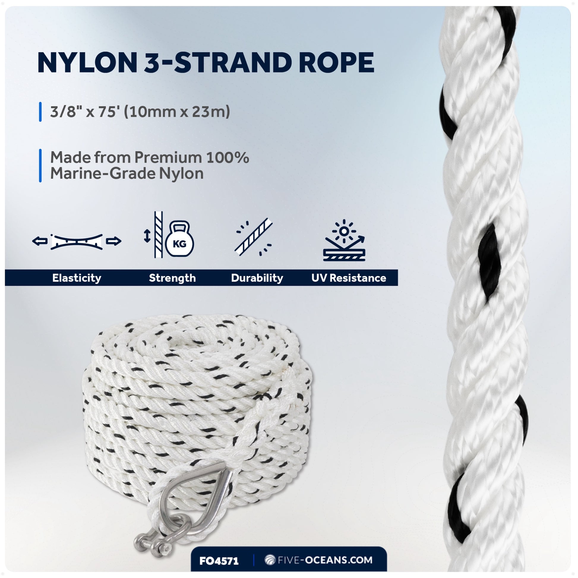 Anchor Rode, 3/8" x 75' Nylon 3-Strand Rope, 1/4" x 3' Hot Dipped Galvanized Steel Chain - FO4571 - Five Oceans
