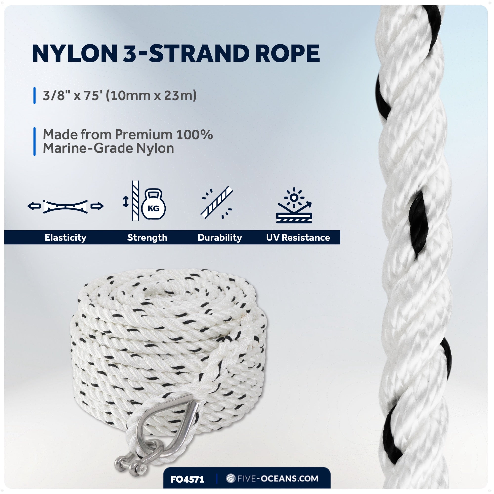 Anchor Rode, 3/8" x 75' Nylon 3-Strand Rope, 1/4" x 3' Hot Dipped Galvanized Steel Chain - FO4571 - Five Oceans