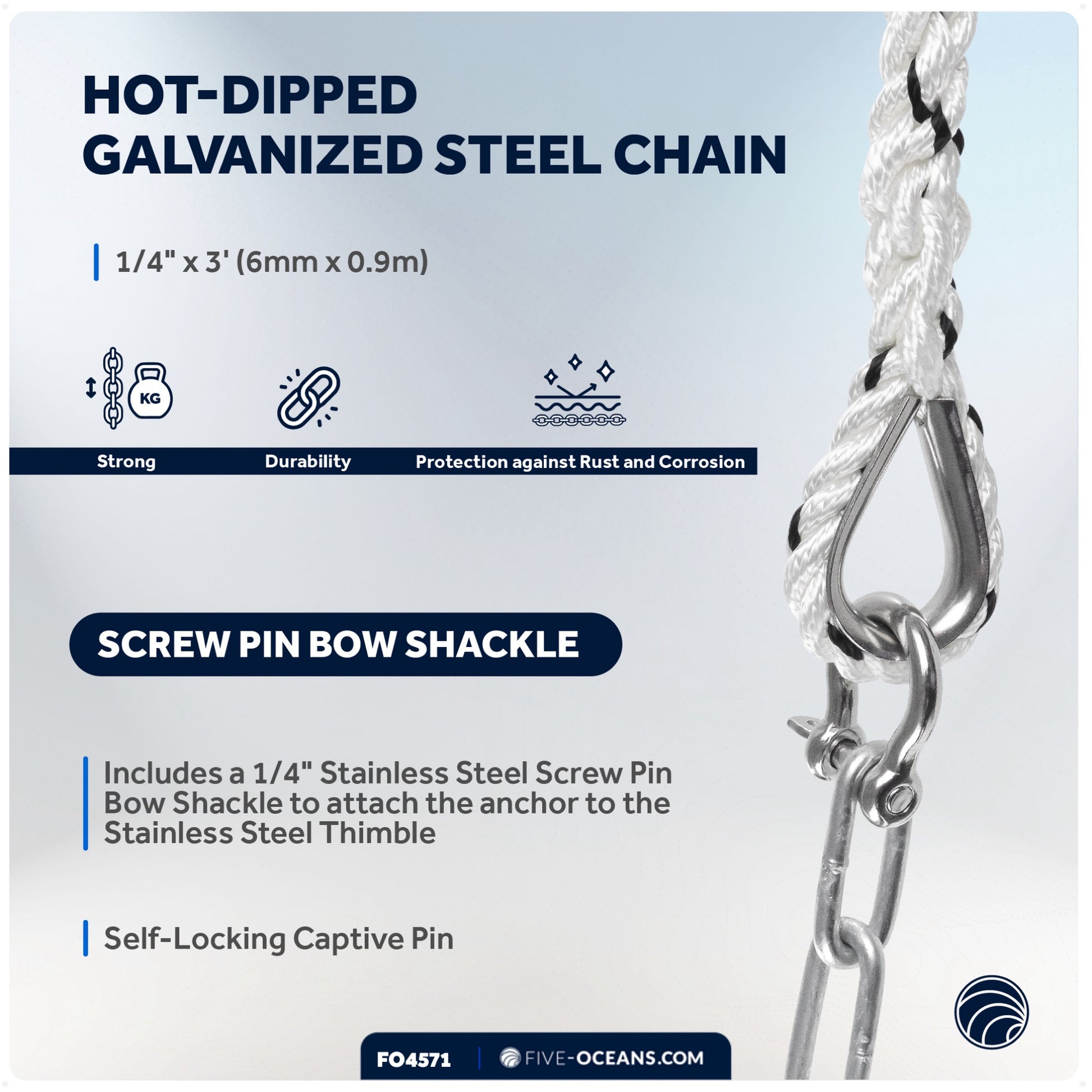 Anchor Rode, 3/8" x 75' Nylon 3-Strand Rope, 1/4" x 3' Hot Dipped Galvanized Steel Chain - FO4571 - Five Oceans
