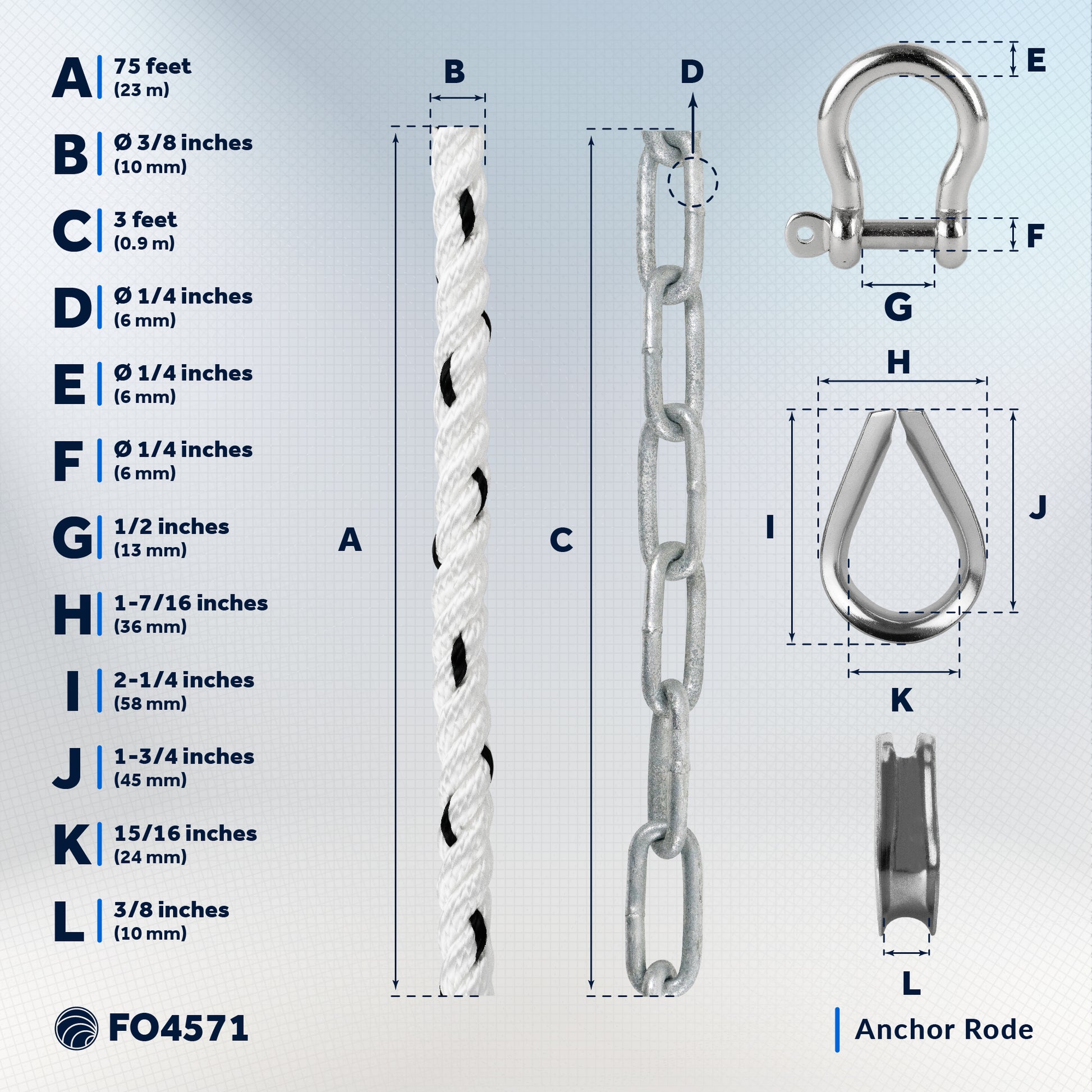 Anchor Rode, 3/8" x 75' Nylon 3-Strand Rope, 1/4" x 3' Hot Dipped Galvanized Steel Chain - FO4571 - Five Oceans