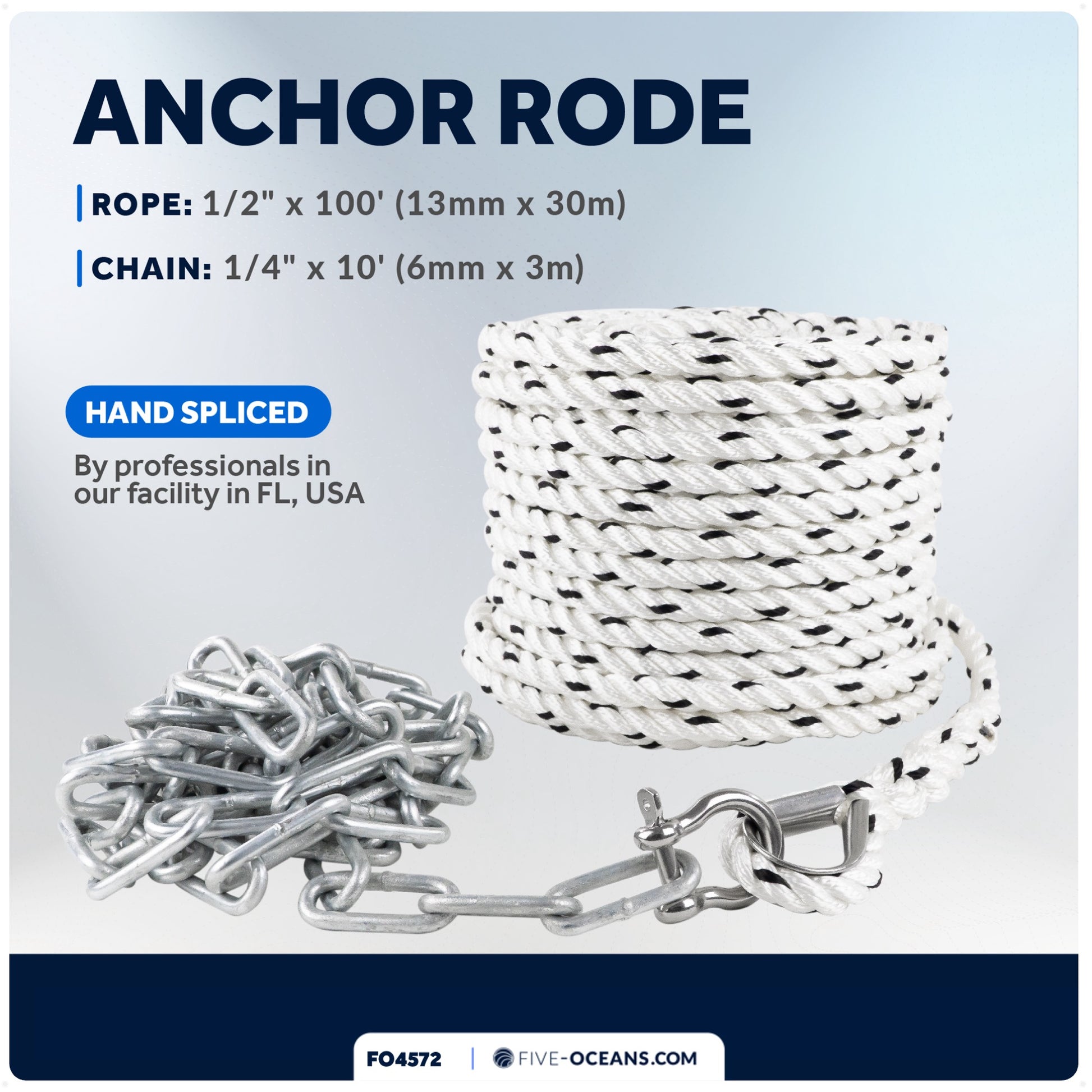 Anchor Rode, 1/2" x 100' Nylon 3-Strand Rope, 1/4" x 10' Hot Dipped Galvanized Steel Chain - FO4572 - Five Oceans