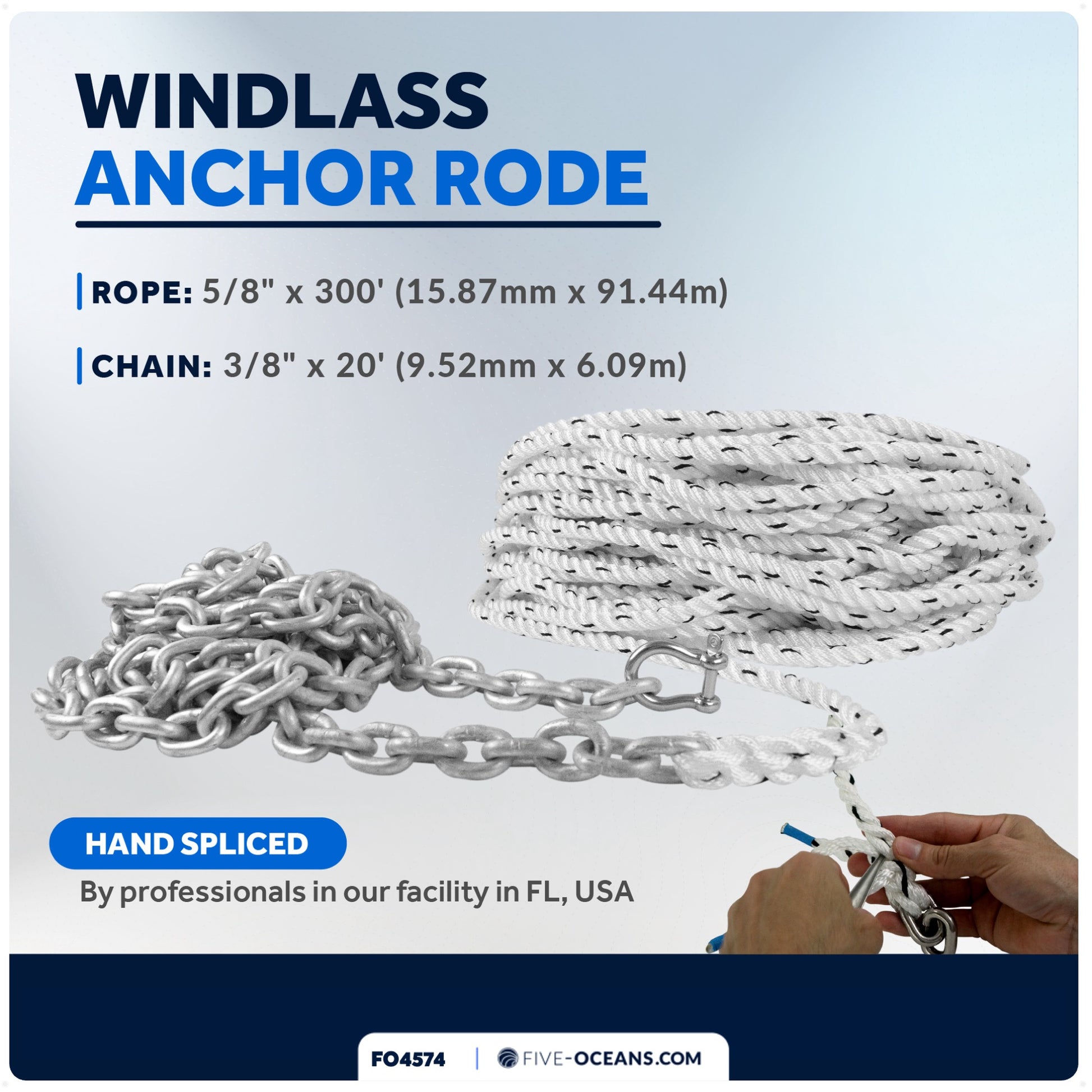 Windlass Anchor Rode, 5/8" x 300' Nylon 3-Strand Rope, 3/8" x 20' G4 Hot-Dipped Galvanized Steel Chain - FO4574 - Five Oceans