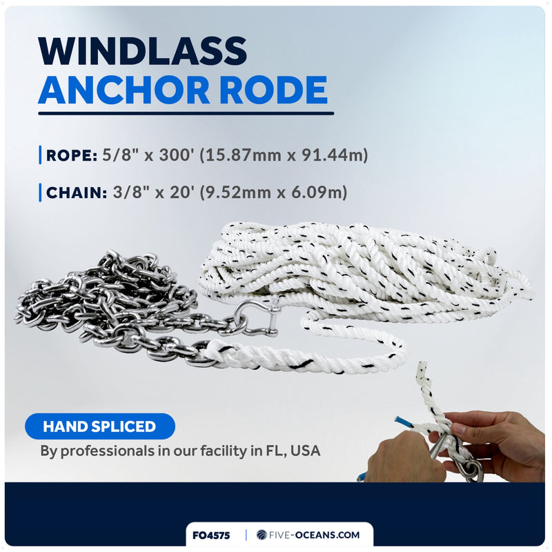 Windlass Anchor Rode, 5/8" x 300' Rope with 3/8" x 20' G4 Stainless Steel Chain - FO4575 - Five Oceans