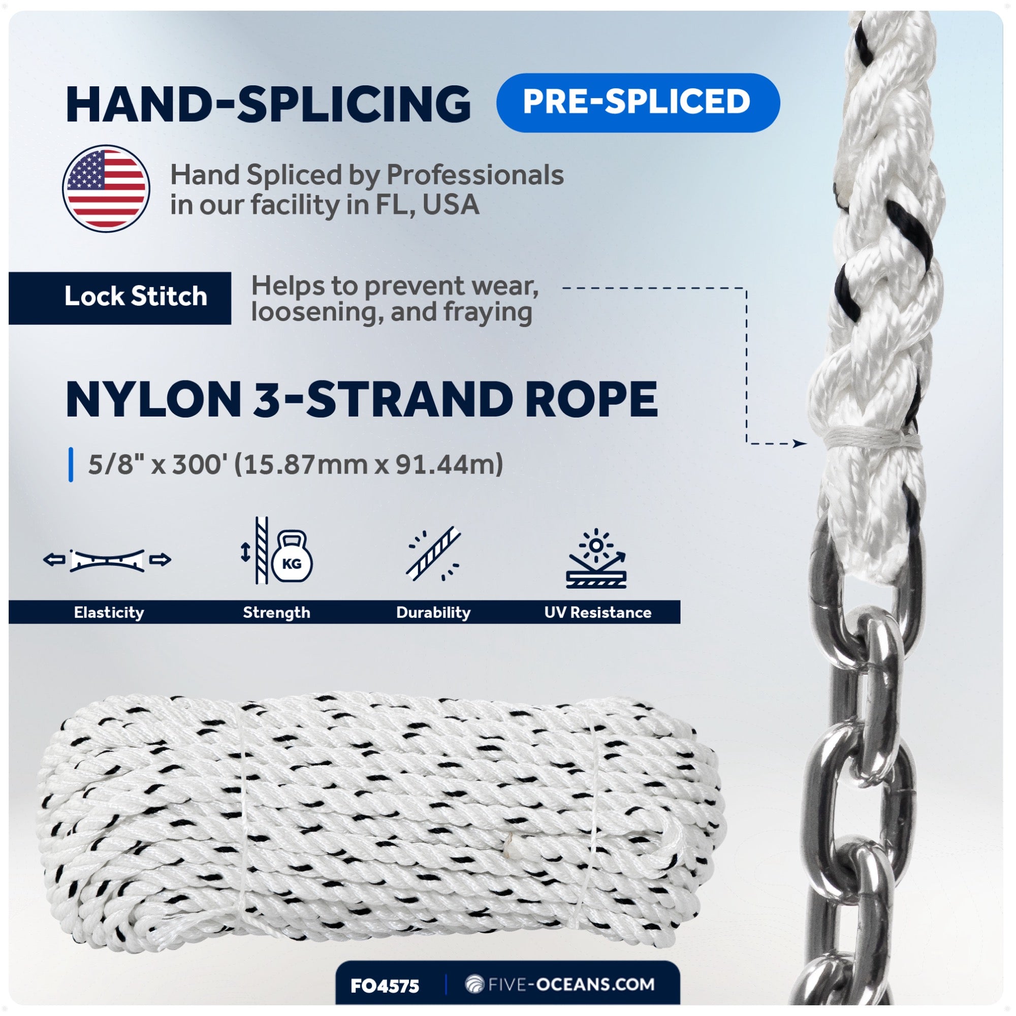 Windlass Anchor Rode, 5/8" x 300' Nylon 3-Strand Rope, 3/8" x 20' G4 Stainless Steel Chain - FO4575 - Five Oceans