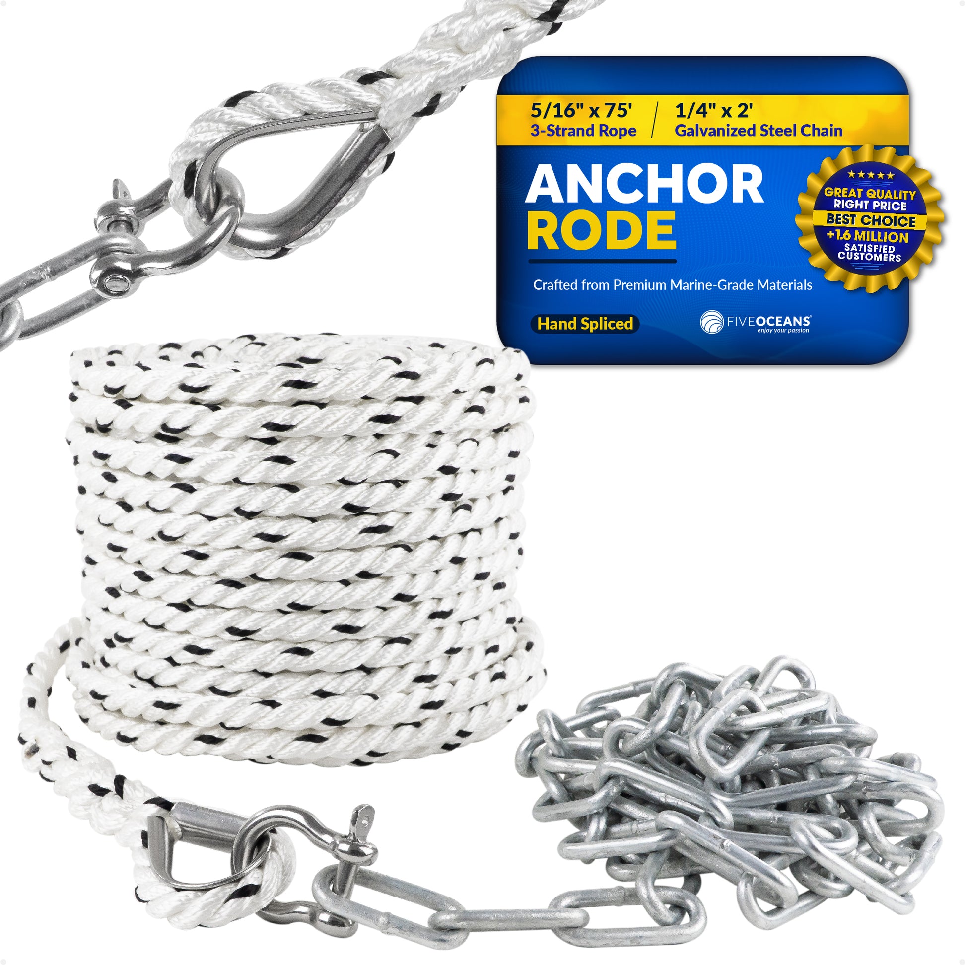 Anchor Rode, 5/16" x 75' Nylon 3-Strand Rope, 1/4" x 2' Hot Dipped Galvanized Steel Chain - FO4576 - Five Oceans