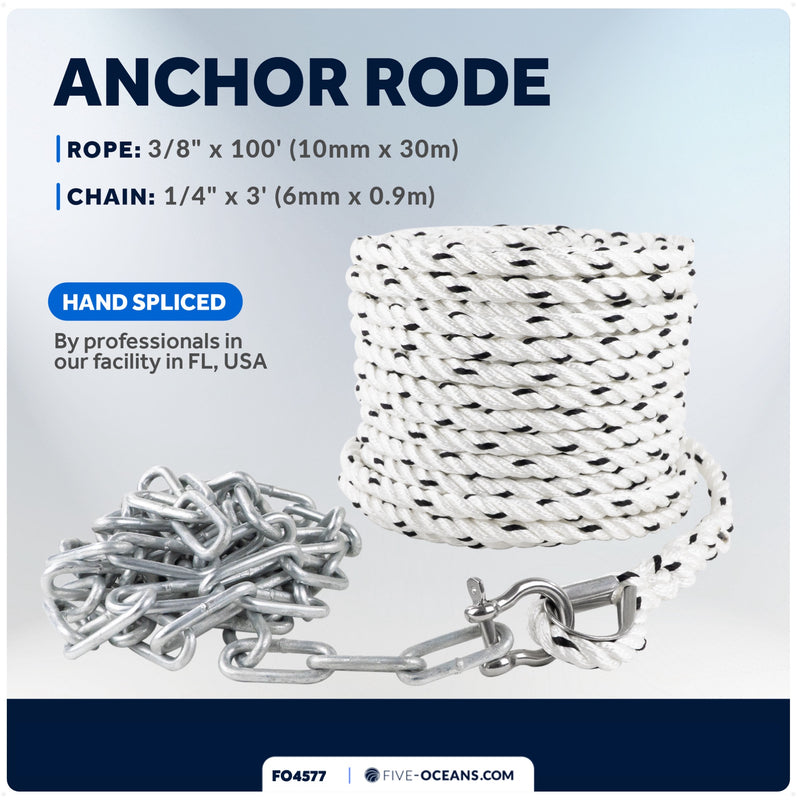 Anchor Rode, 3/8" x 100' Rope with 1/4" x 3' Galvanized Chain - FO4577 - Five Oceans