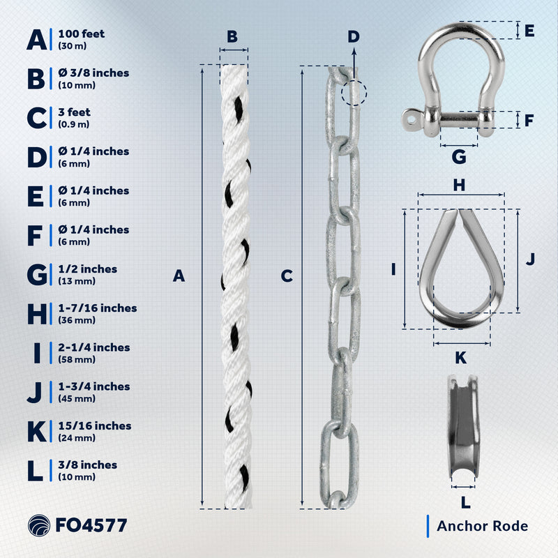 Anchor Rode, 3/8" x 100' Rope with 1/4" x 3' Galvanized Chain - FO4577 - Five Oceans