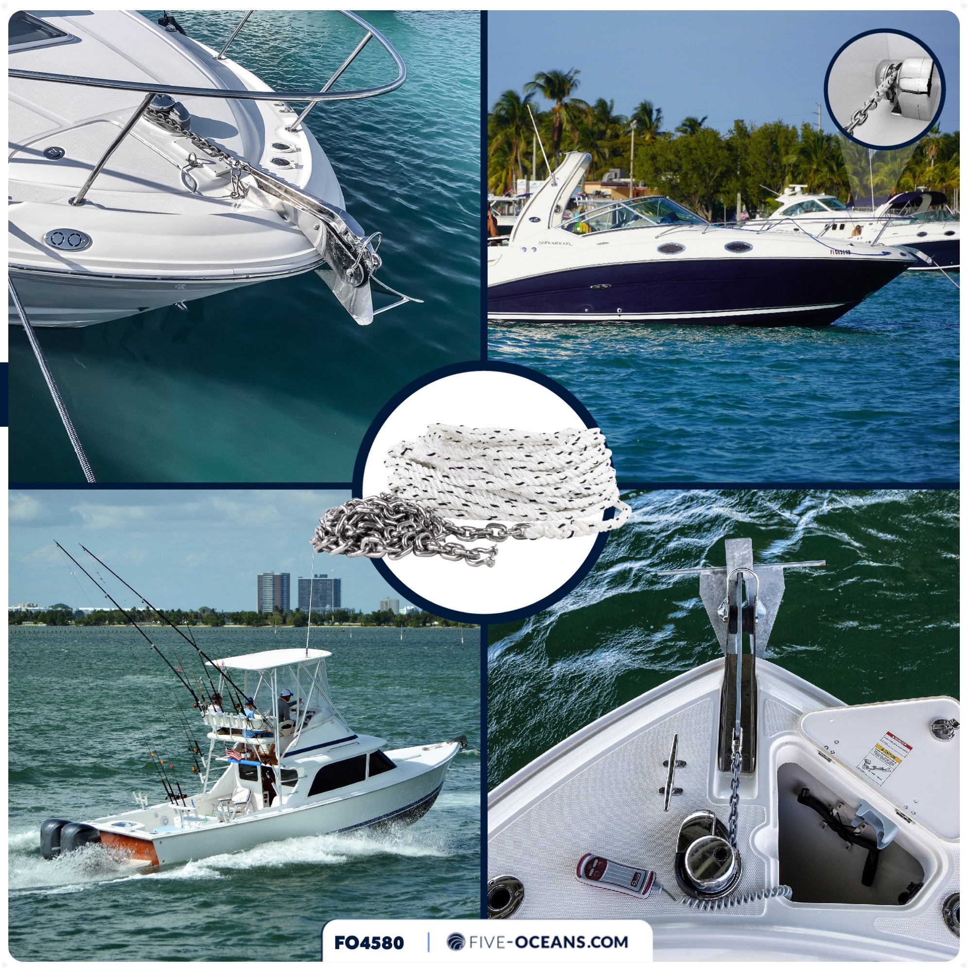 Windlass Anchor Rode, 9/16" x 300' Nylon 3-Strand Rope, 5/16" x 20' G4 Stainless Steel Chain - FO4580 - Five Oceans