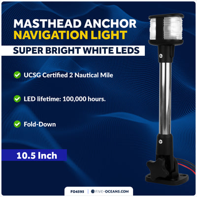 10-1/2" LED Masthead/Anchor Navigation Light, Fold-Down, 12V DC - 2NM - FO4595 - Five Oceans