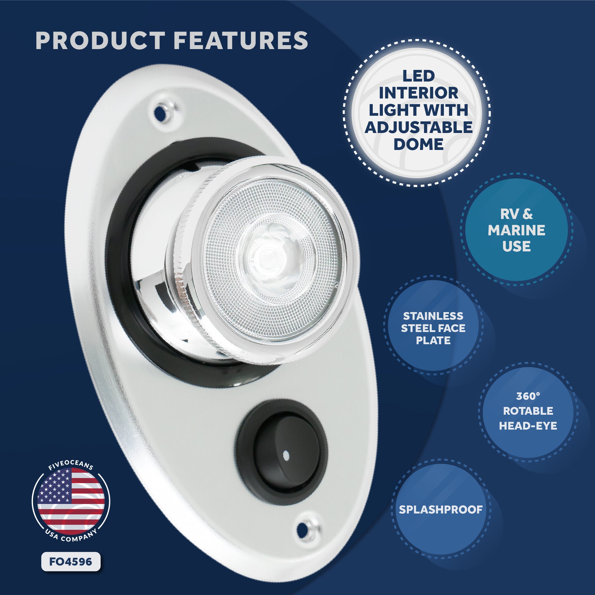 Interior LED light with Adjustable 360 Degree Eye-Balled Rotation, On/Off Rocker Switch - FO4596 - Five Oceans