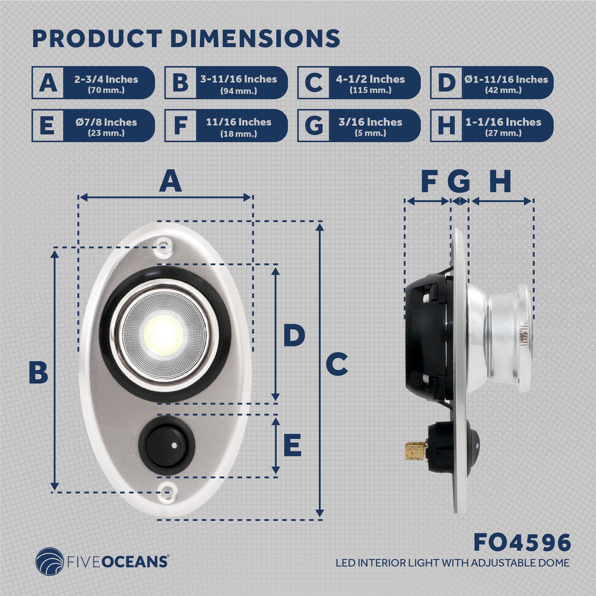 Interior LED light with Adjustable 360 Degree Eye-Balled Rotation, On/Off Rocker Switch - FO4596 - Five Oceans