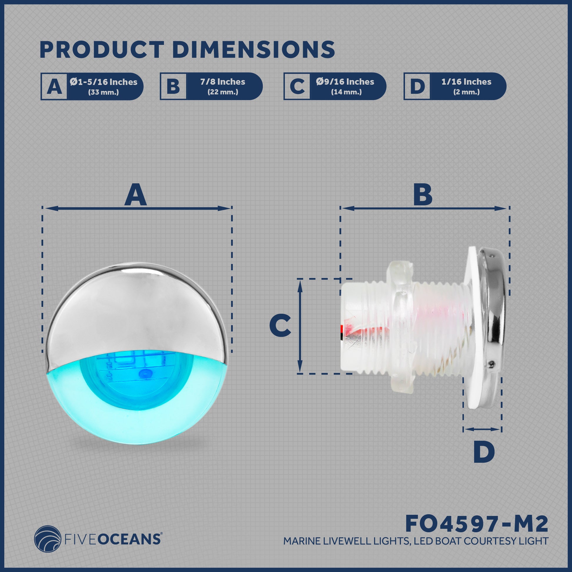 1-5/16" Livewell Courtesy Light, Round Accent, Blue LED, 4-Pack - FO4597-M4 - Five Oceans