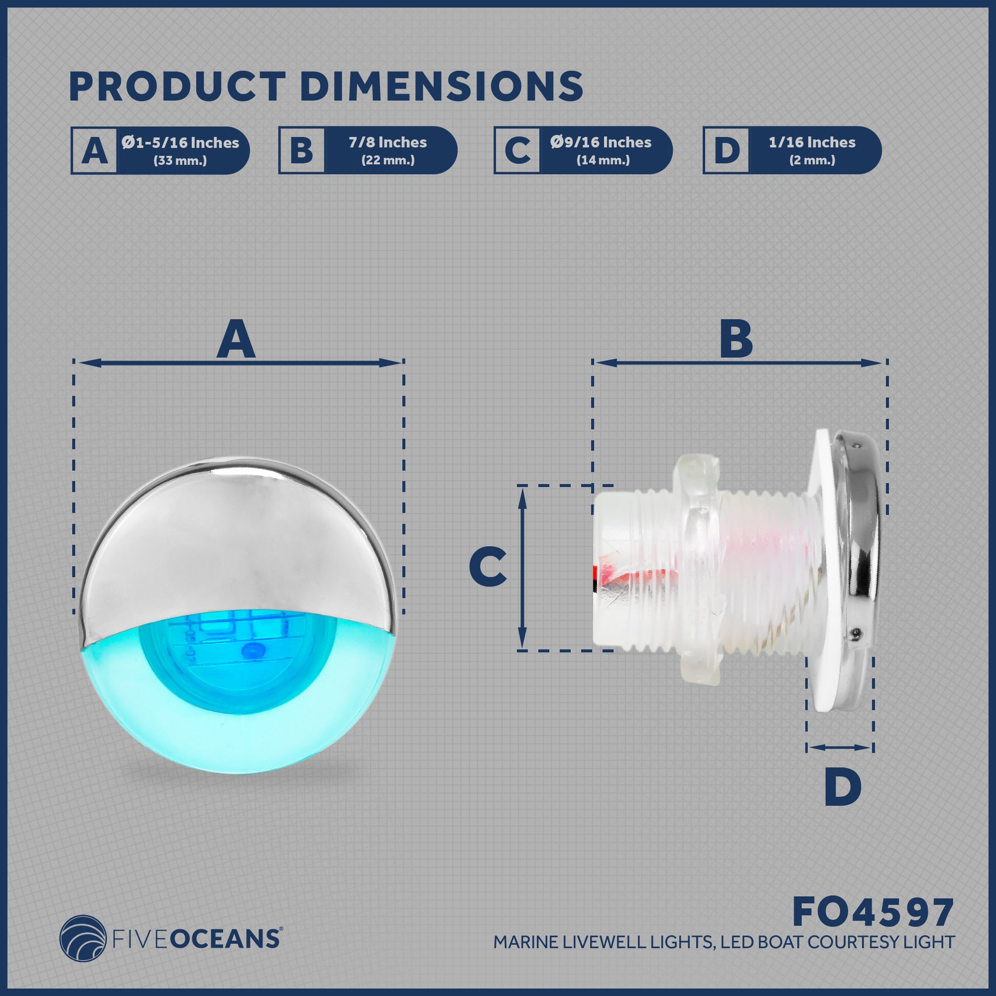 1-5/16" Livewell Courtesy Light, Round Accent, Blue LED - FO4597 - Five Oceans