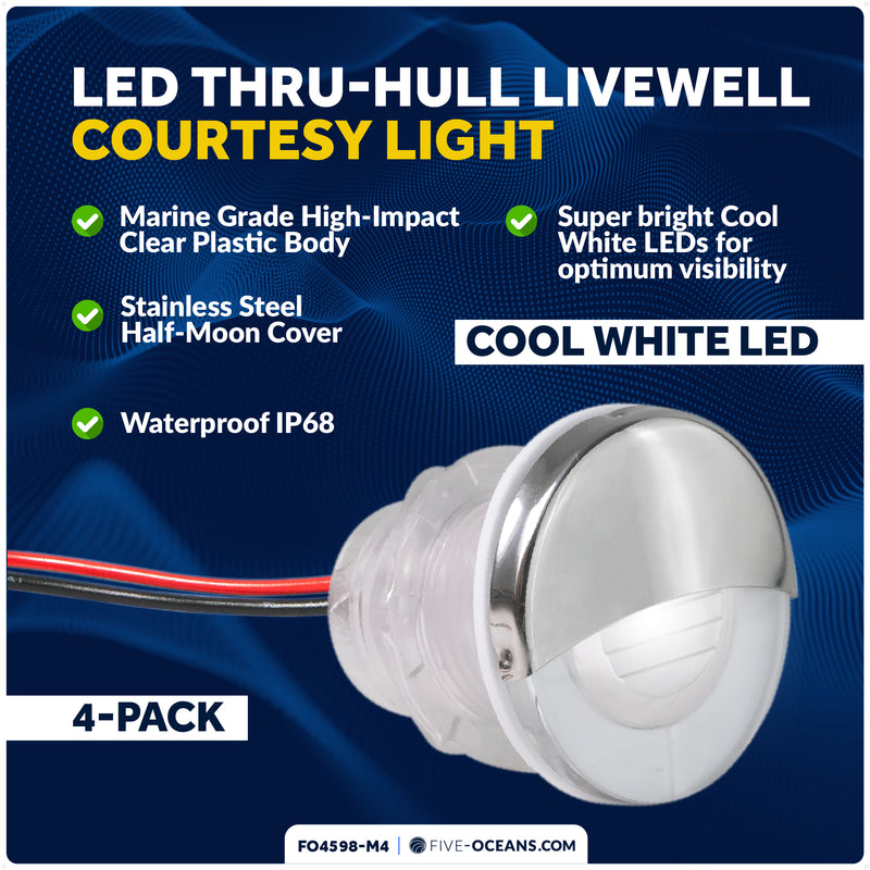 1-5/16" LED Thru-Hull Livewell / Courtesy Light, Cool White, 12V, 4-Pack - FO4598-M4 - Five Oceans