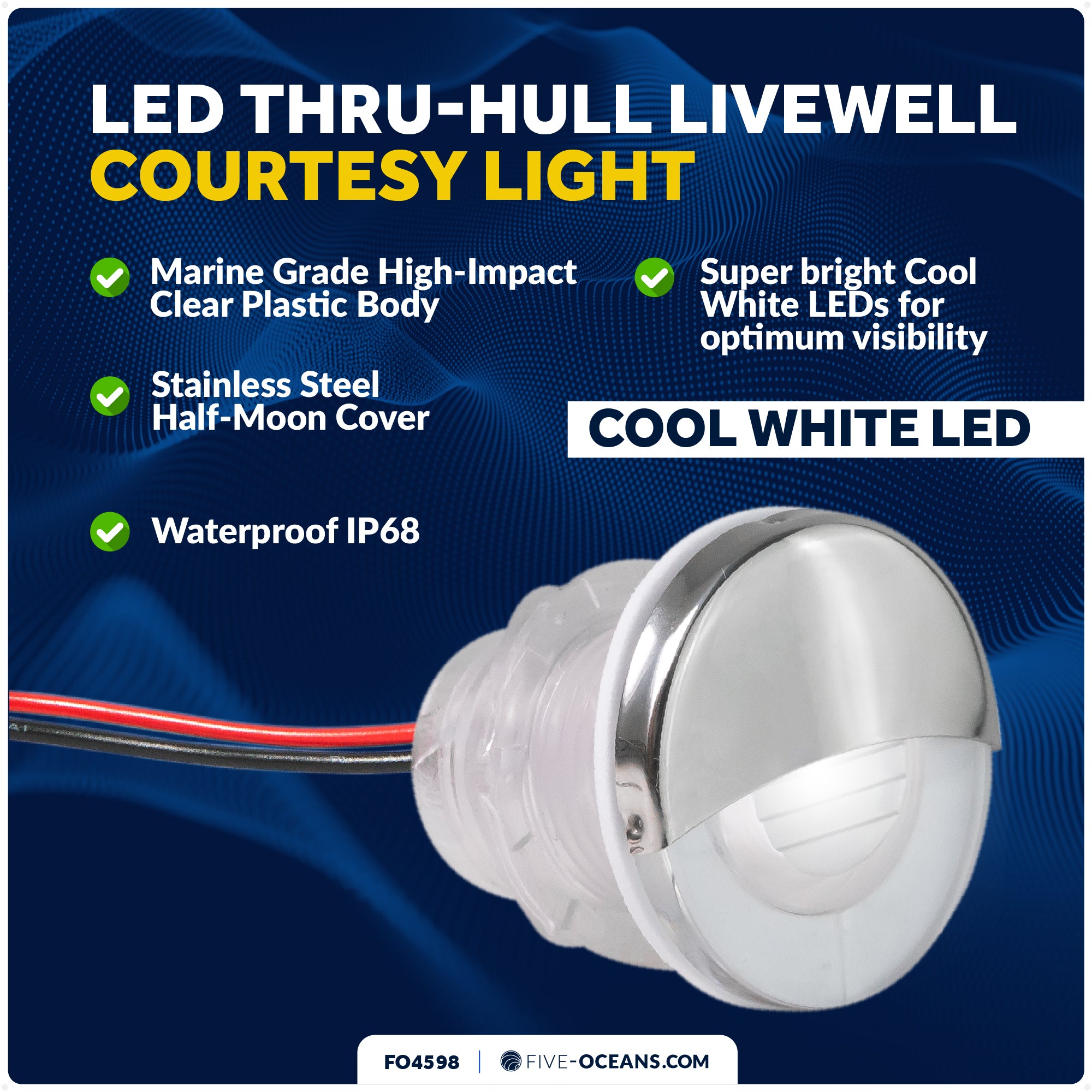 1-5/16" LED Thru-Hull Livewell / Courtesy Light, Cool White, 12V - FO4598 - Five Oceans