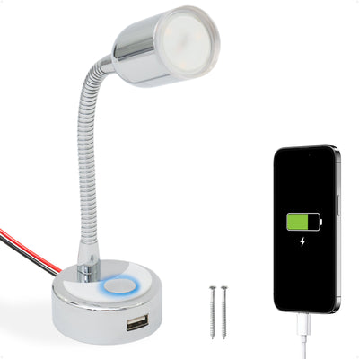 LED Reading Light with USB Charging Port, Warm White, Flexible Gooseneck, Silver Housing, 12V - FO4599 - Five Oceans