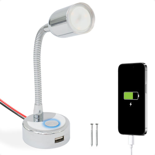 LED Reading Light with USB Charging Port, Warm White, Flexible Gooseneck, Silver Housing, 12V