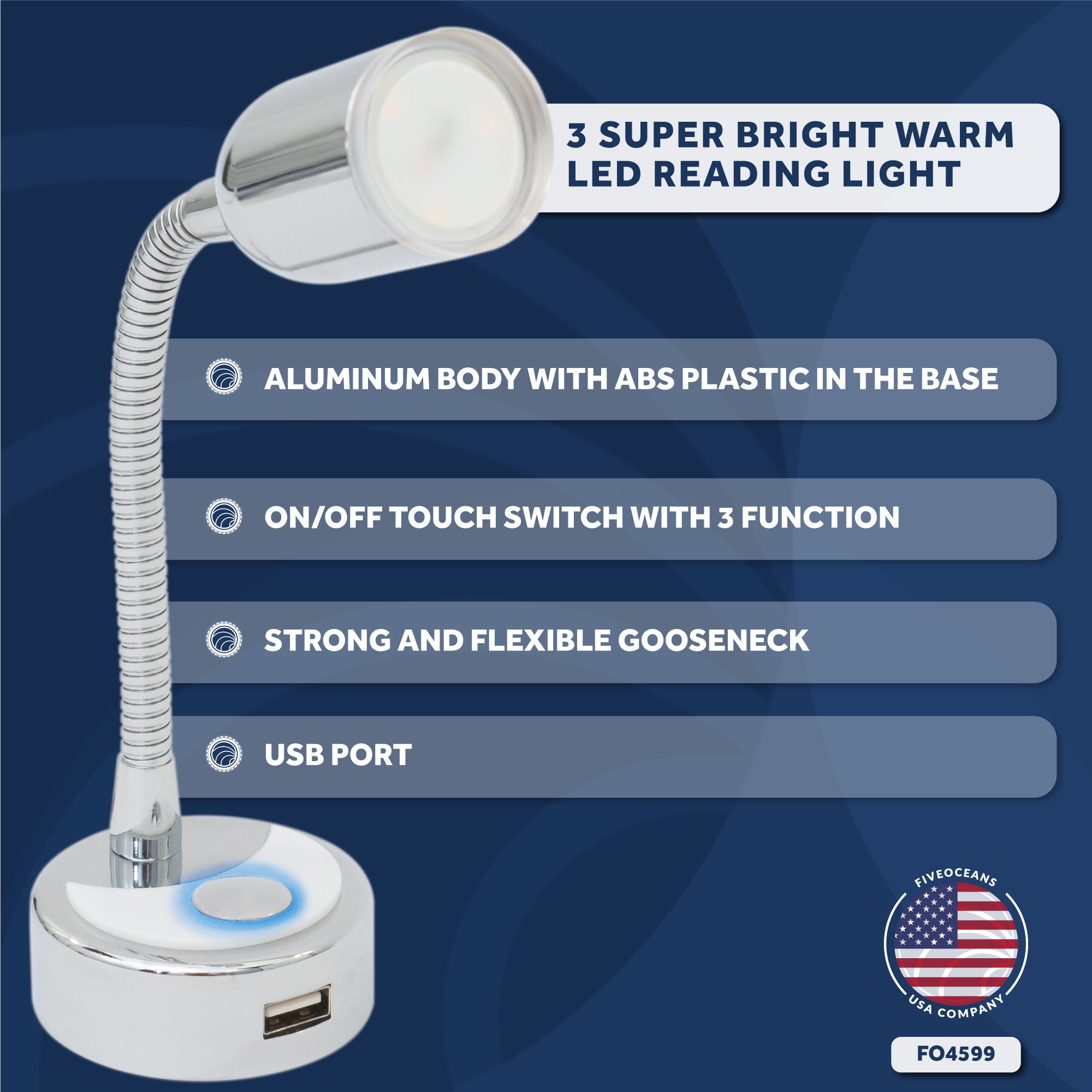 RV LED Reading Light with Charging USB Port - FO4599 - Five Oceans