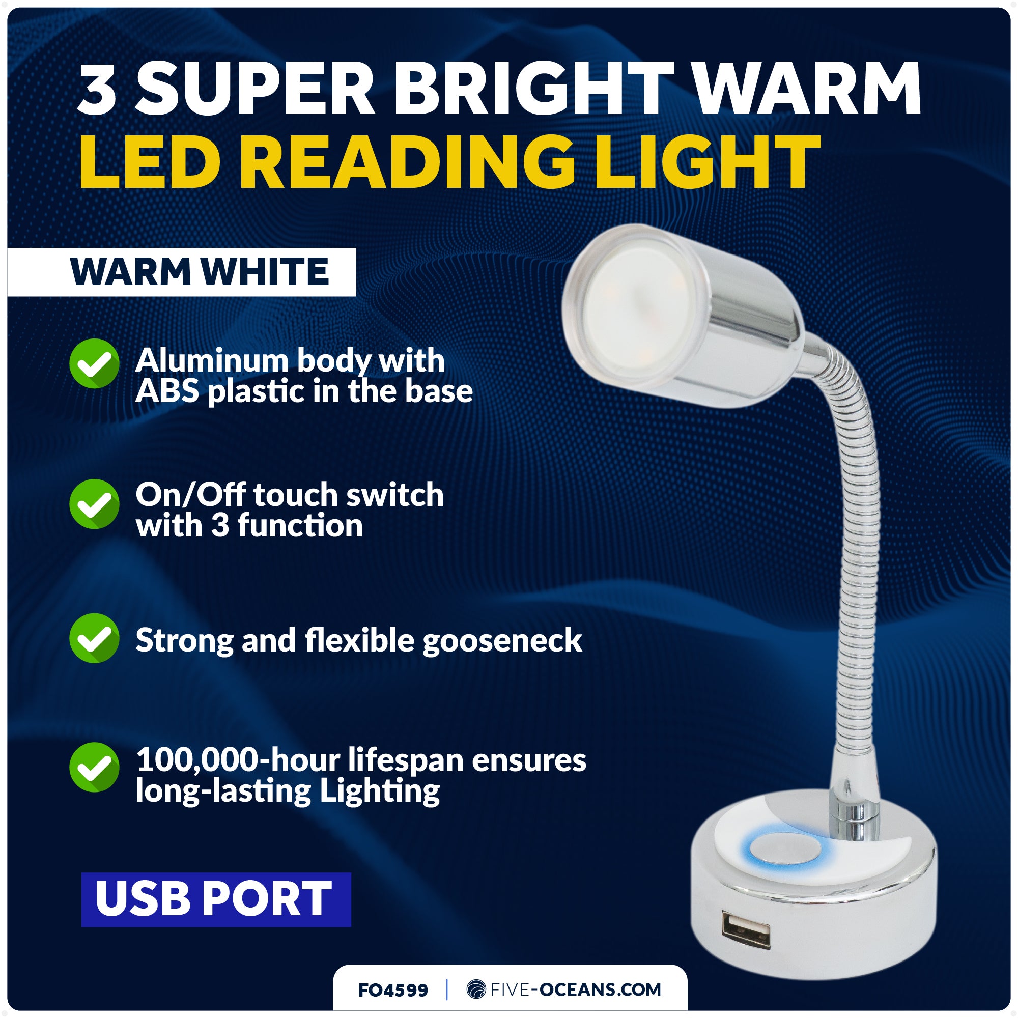 LED Reading Light with USB Charging Port, Warm White, Flexible Gooseneck, Silver Housing, 12V - FO4599 - Five Oceans