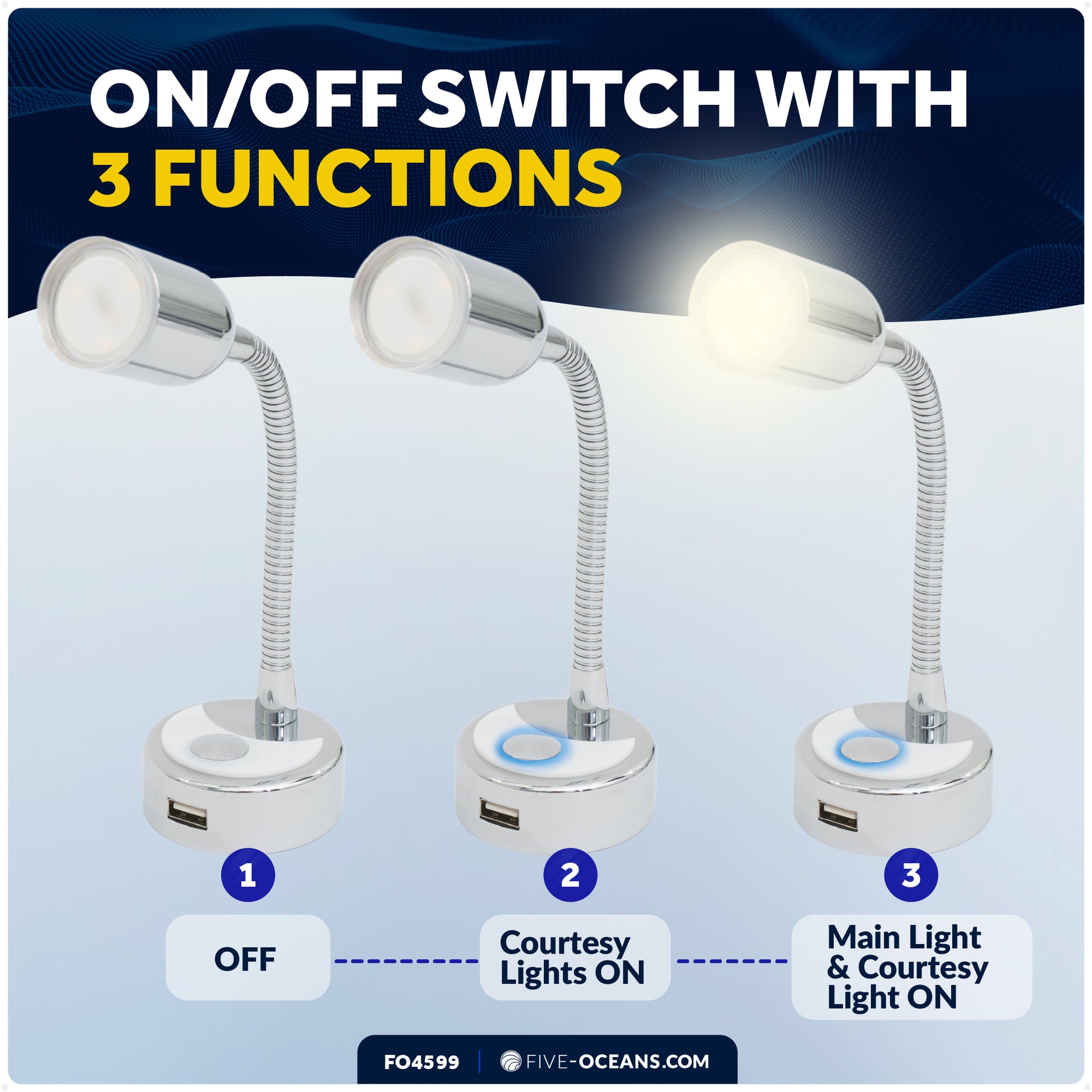 LED Reading Light with Charging USB Port, Warm White, Flexible Gooseneck Style, Silver Housing, 12V DC - FO4599 - Five Oceans