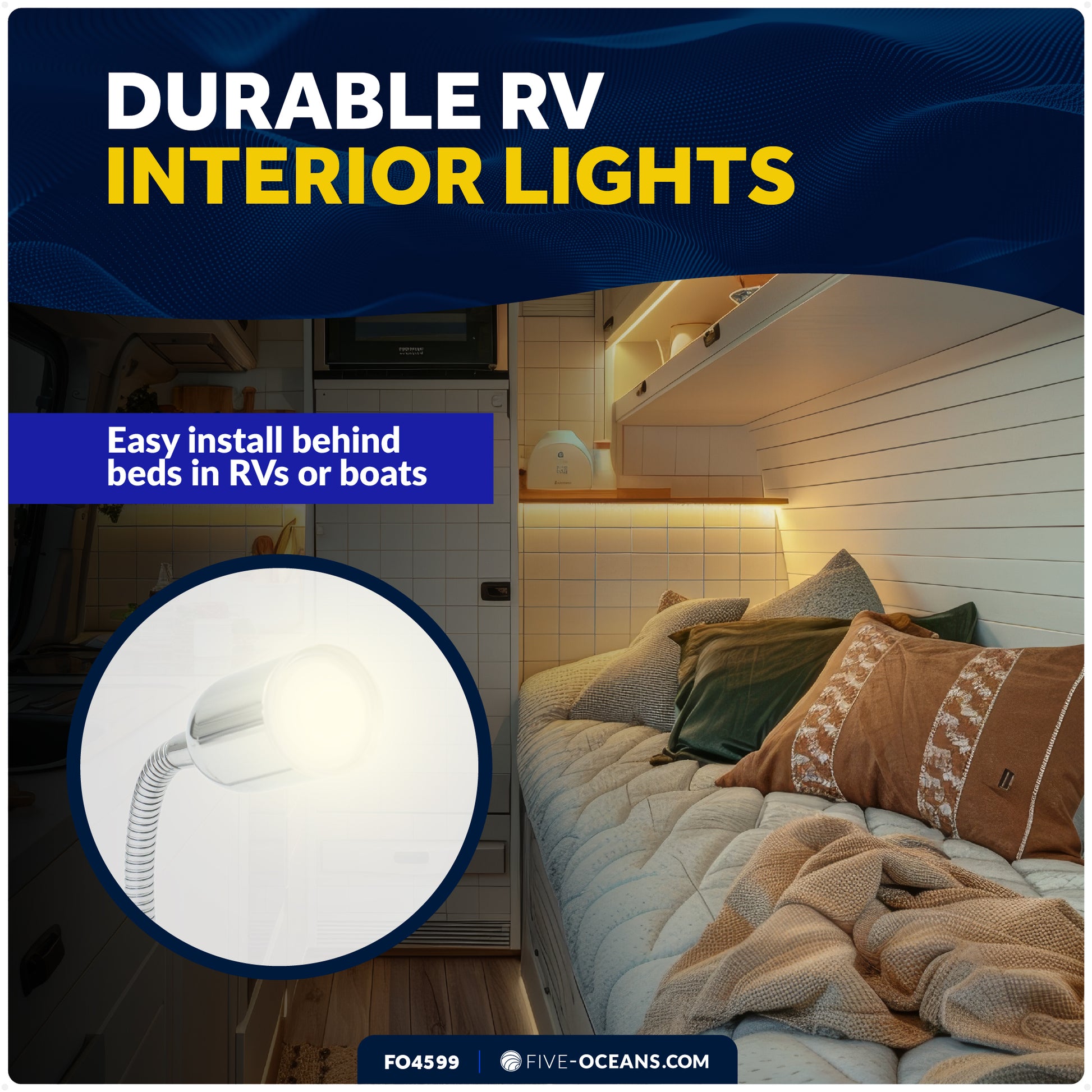 LED Reading Light with Charging USB Port, Warm White, Flexible Gooseneck Style, Silver Housing, 12V DC - FO4599 - Five Oceans