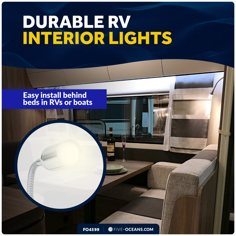 LED Reading Light with USB Charging Port, Warm White, Flexible Gooseneck, Silver Housing, 12V - FO4599 - Five Oceans