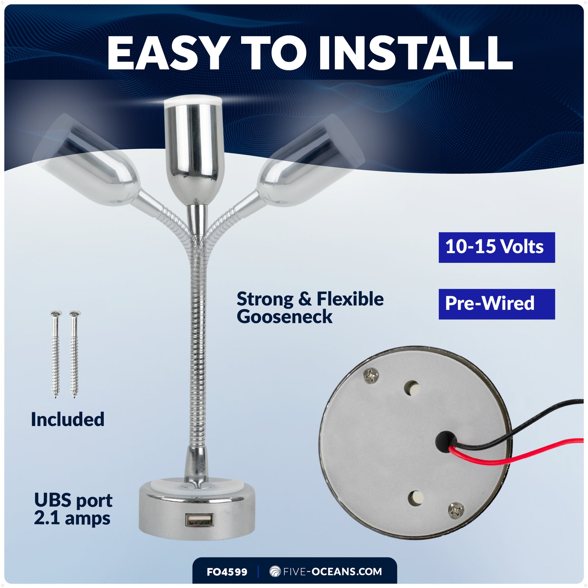 LED Reading Light with Charging USB Port, Warm White, Flexible Gooseneck Style, Silver Housing, 12V DC - FO4599 - Five Oceans