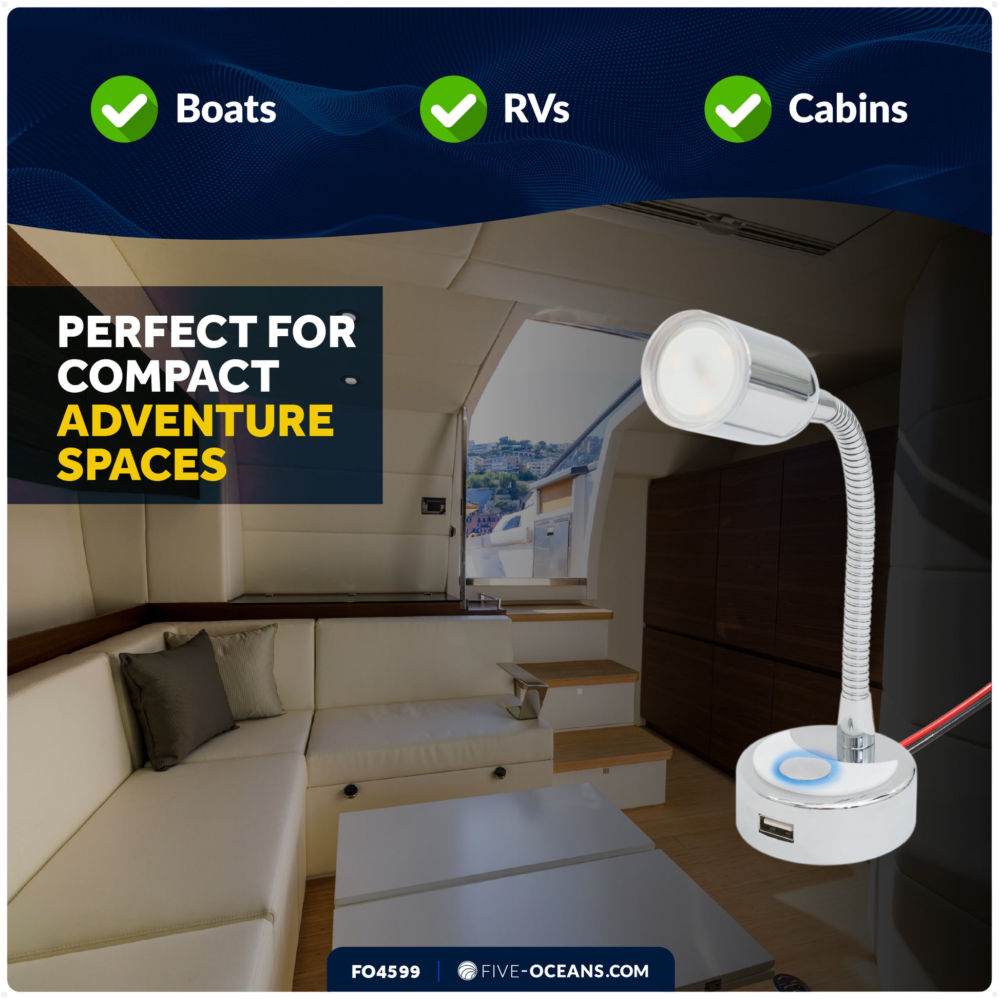 LED Reading Light with Charging USB Port, Warm White, Flexible Gooseneck Style, Silver Housing, 12V DC - FO4599 - Five Oceans