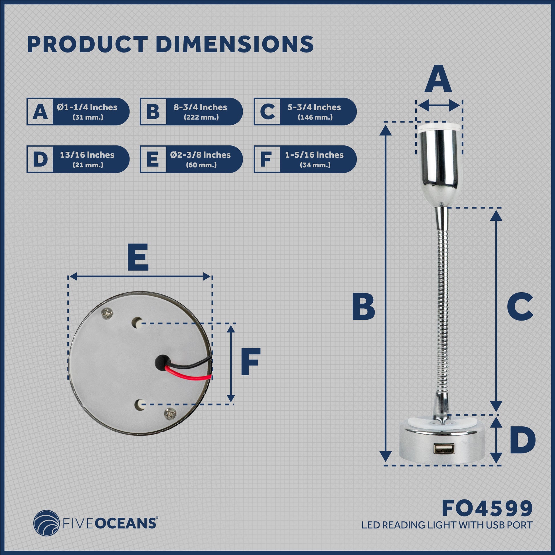 RV LED Reading Light with Charging USB Port - FO4599 - Five Oceans