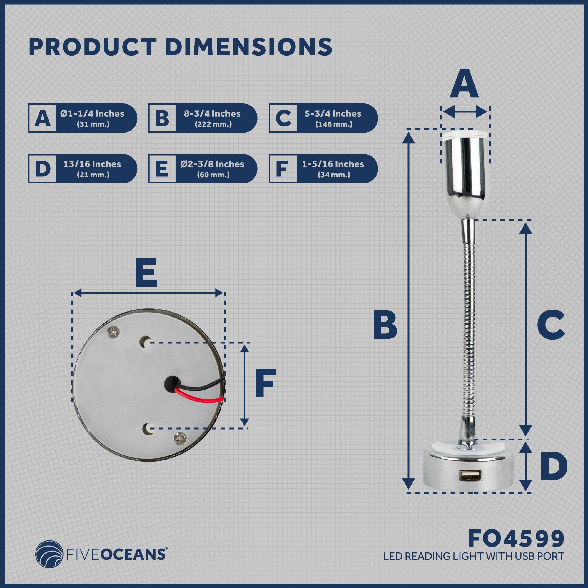 RV LED Reading Light with Charging USB Port - FO4599 - Five Oceans